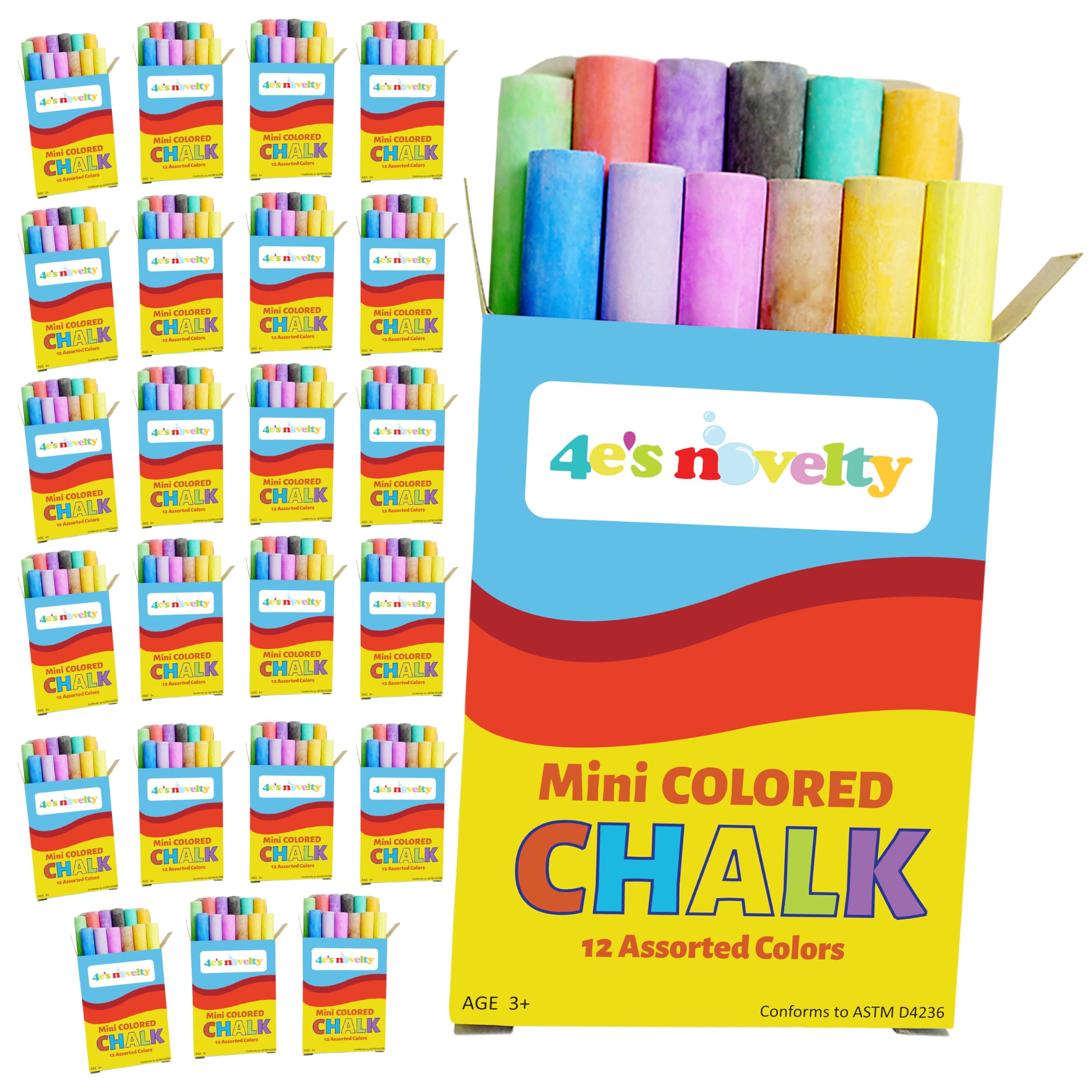 4E's Novelty 288 Mini Chalk Sets (24 Boxes) - Non-Toxic 12 Color Sidewalk Chalk for Kids, Bulk Party Favors & Classroom Prizes - Perfect for Easter Basket Stuffers, Outdoor Play, Birthday Gifts & School Activities