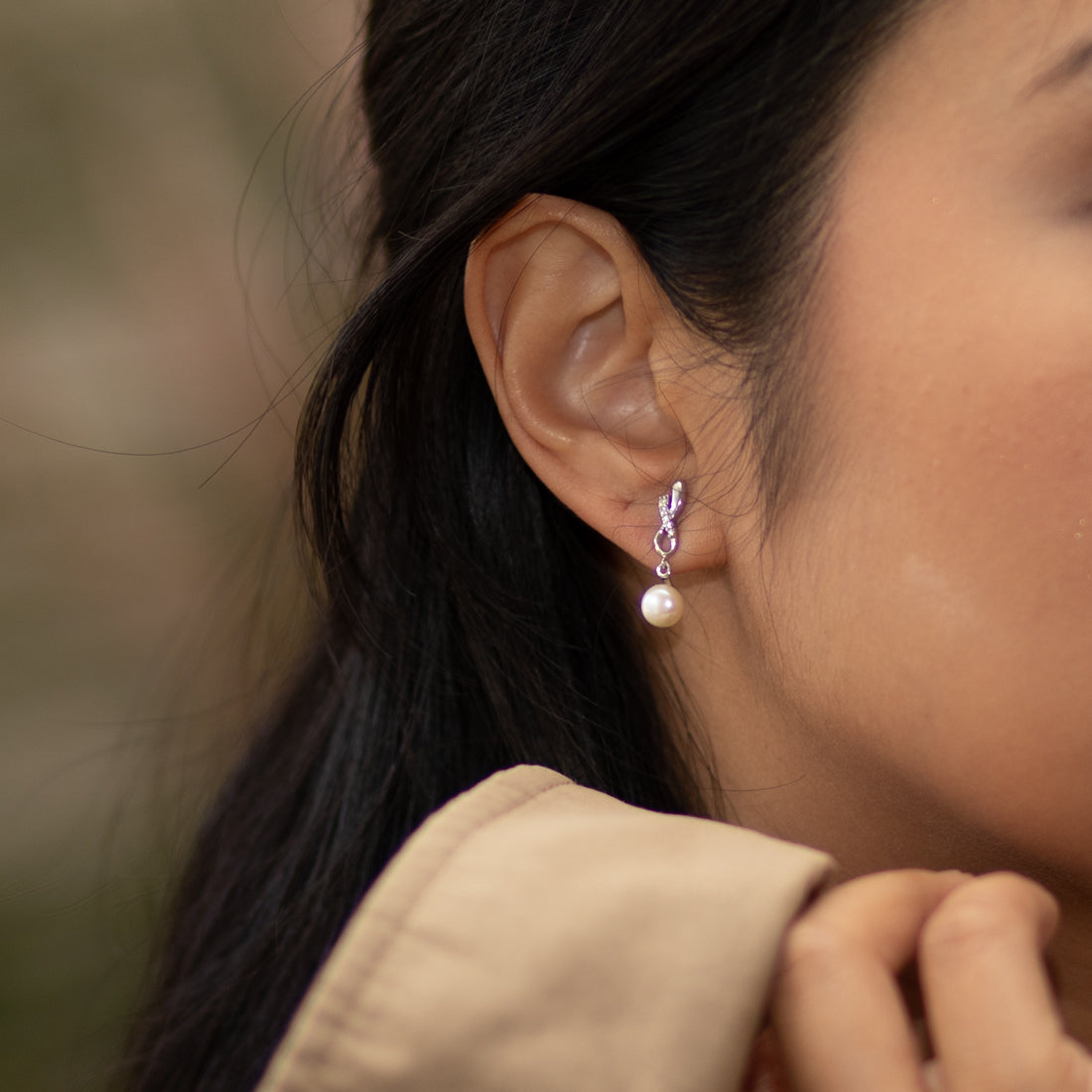 Freshwater Cultured White Pearl Dangle Earrings in Sterling Silver - Ribboned Infinity Design, 6.50mm Round Button Shape with Friction Backs | Perfect for Weddings, Parties & Special Occasions