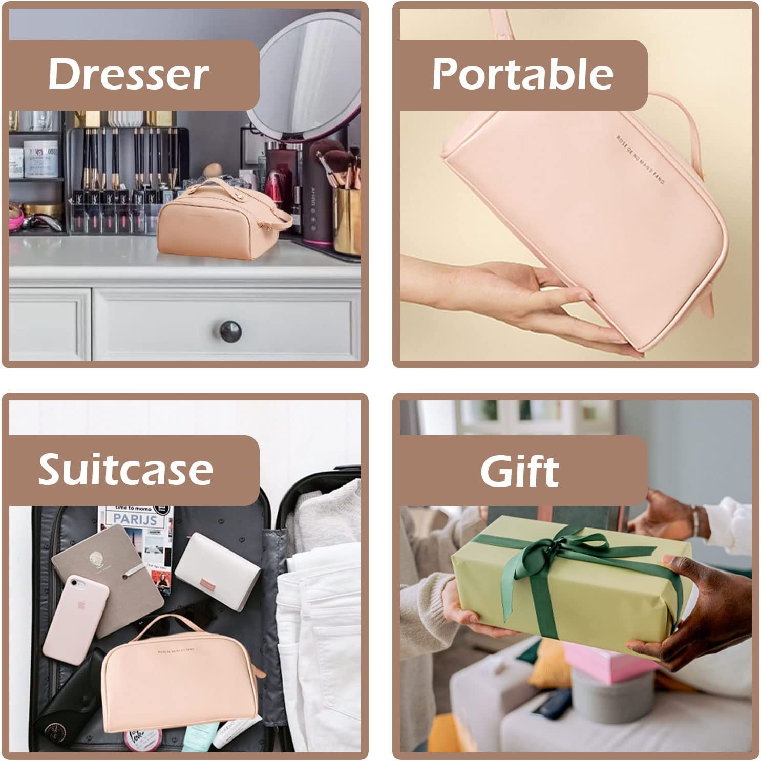 Premium Leather Makeup Bag for Women - Large Capacity Waterproof Travel Cosmetic Organizer with Handle - Perfect for Vacation, Gym & Daily Essentials Storage