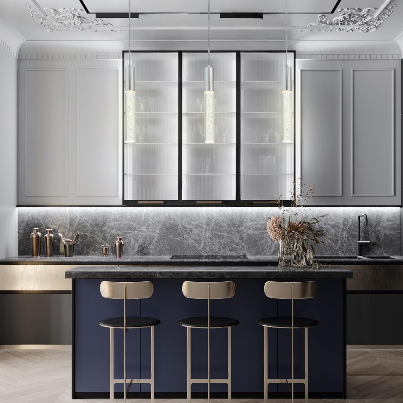 3-Pack Modern Chrome LED Crystal Bubble Pendant Lights - 3000K Warm White Kitchen Island Lighting Fixtures for Bedroom, Bar, Dining Room - Perfect for Home Decor, Restaurant & Commercial Spaces