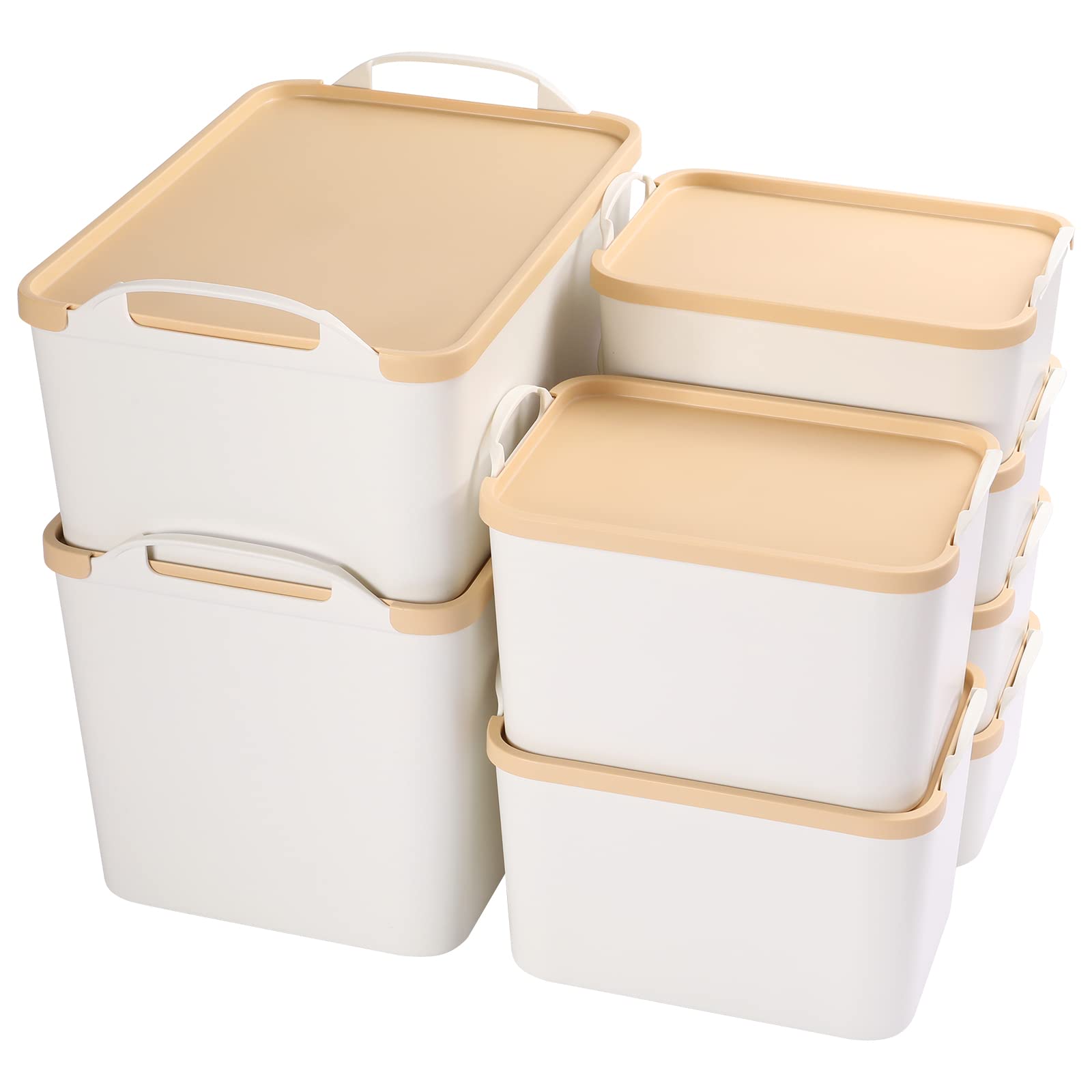 ANMINY 8-Piece Plastic Storage Bins with Lids - Large White Organizing Containers for Home & Office - Stackable Storage Boxes for Closet, Shelves, Drawers & Desktop (Wheat Lids) - Perfect for Pantry, Bathroom & Kids Room Organization