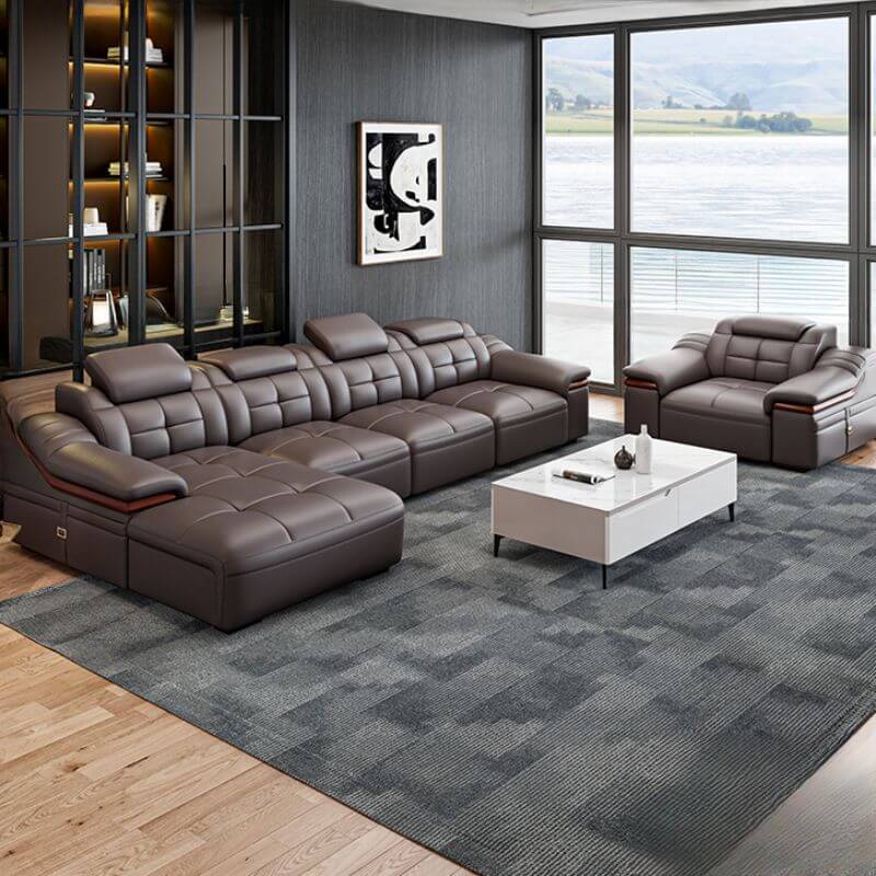 L-Shaped Faux Leather Sofa Chaise - Stain Resistant Sectional Couch with Square Arms (2-Piece/3-Piece Set, Left-Facing) - Perfect for Living Rooms, Home Theaters, and Modern Apartments