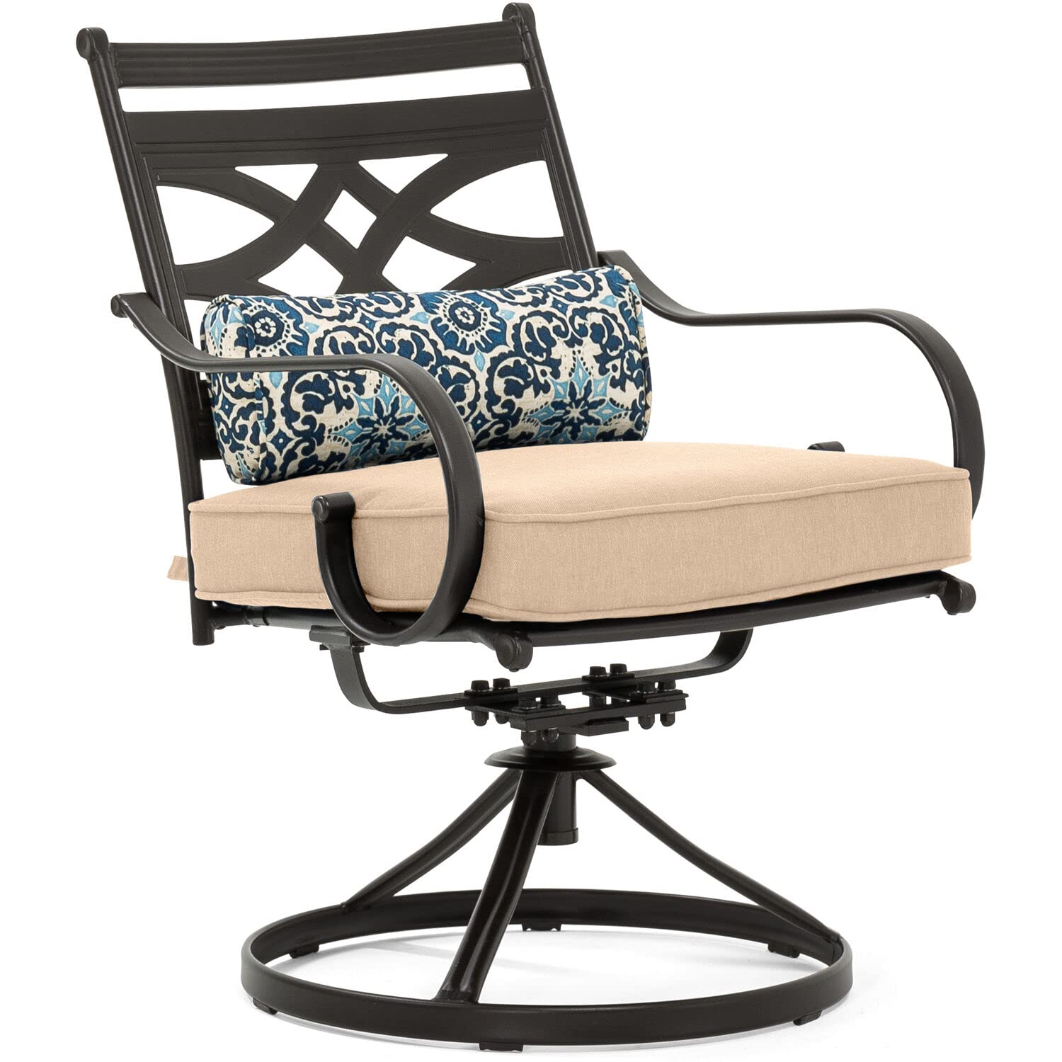 Hanover Montclair 7-Piece Outdoor Dining Set with 6 Swivel Rocking Chairs, Tan Cushions & Durable Steel Table - All-Weather Patio Furniture for Deck, Garden, Backyard - Perfect for Family BBQs, Outdoor Entertaining and Relaxing