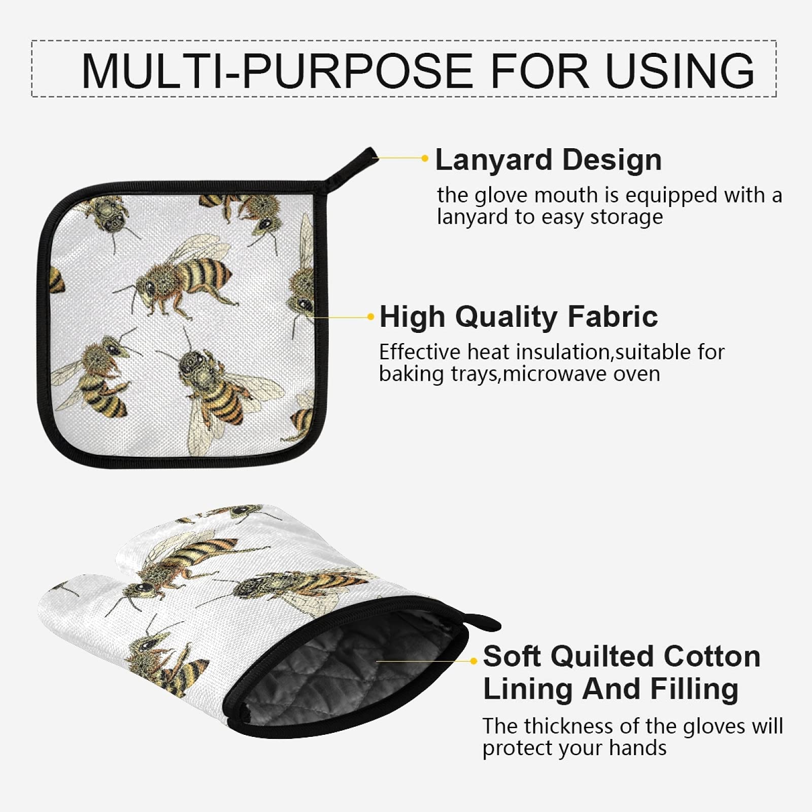 Poeticcity Humble Bees Honey Seamless White Oven Mitts & Pot Holders Set - Heat Resistant Kitchen Gloves for Cooking, Baking, Grilling & Microwave Use - Perfect for Home Chefs & BBQ Enthusiasts