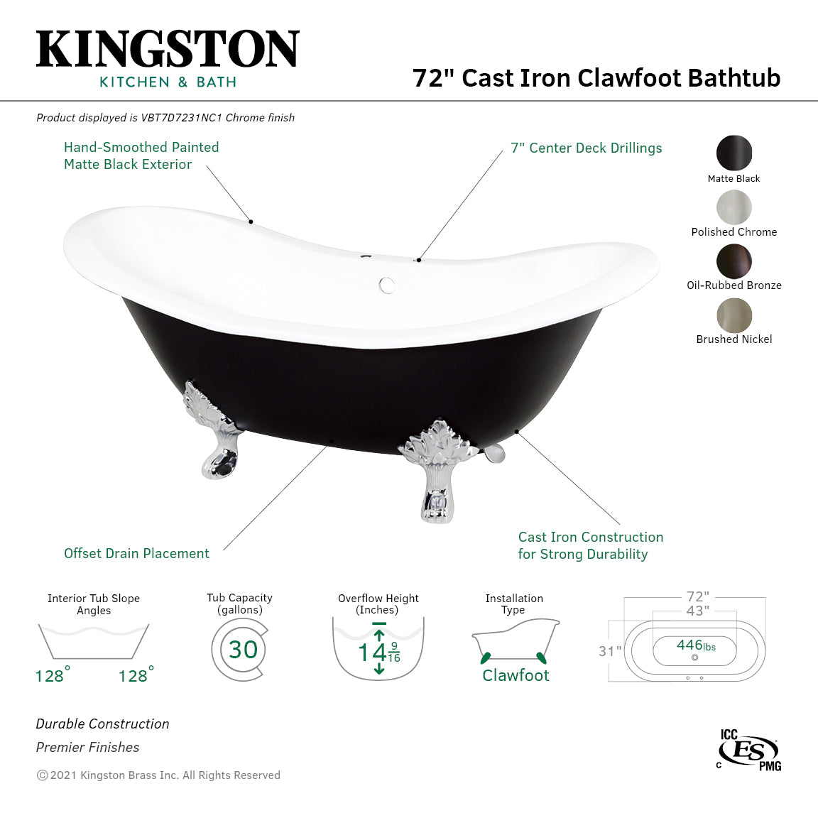 Aqua Eden 72 Inch Cast Iron Oval Double Slipper Clawfoot Bathtub - Black/White/Oil Rubbed Bronze - 7 Inch Faucet Drillings - Vintage Freestanding Soaking Tub for Bathroom Remodel & Luxury Spa Retreat