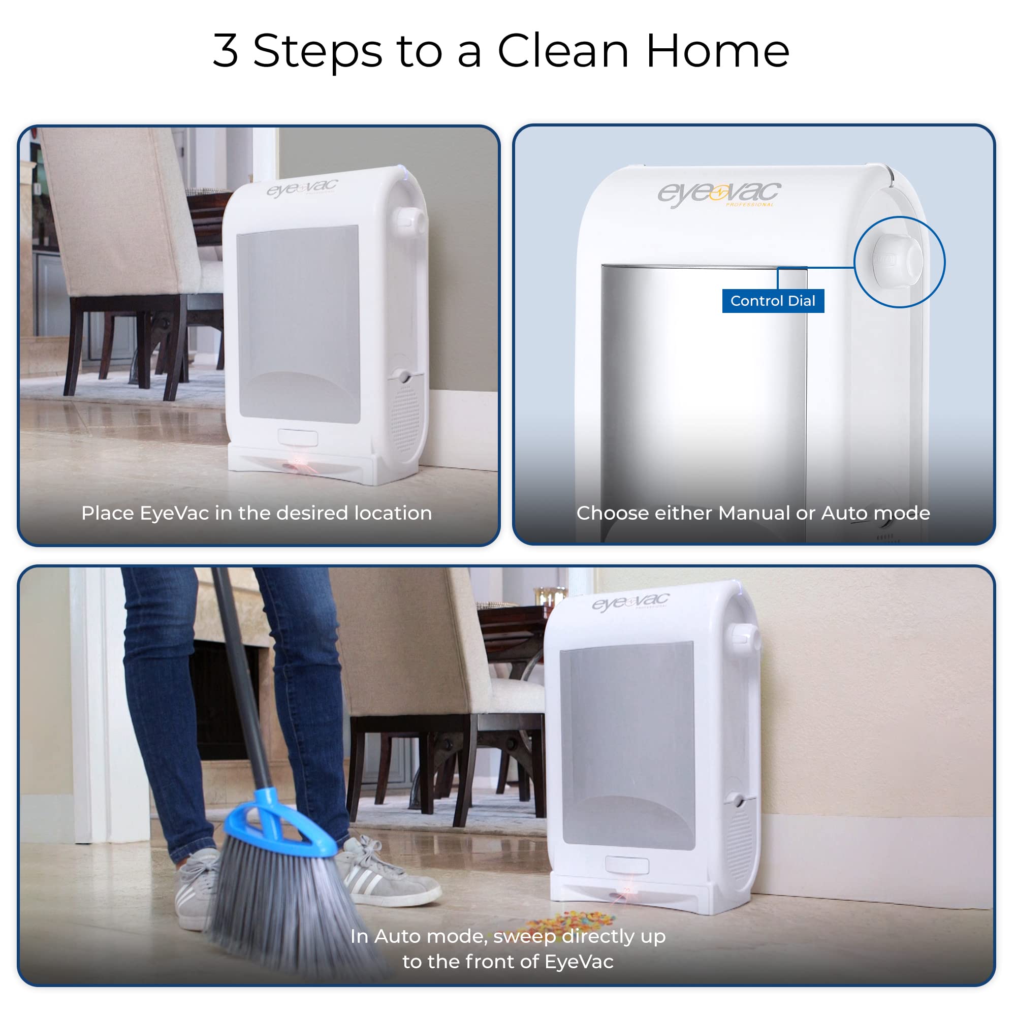 EyeVac Pro Touchless Automatic Dustpan Vacuum - 1400W Ultra Powerful Corded Canister Vacuum for Pet Hair, Food Crumbs & Dirt - Bagless with Smart Sensors - Ideal for Salon, Kitchen & Home Cleaning (White)