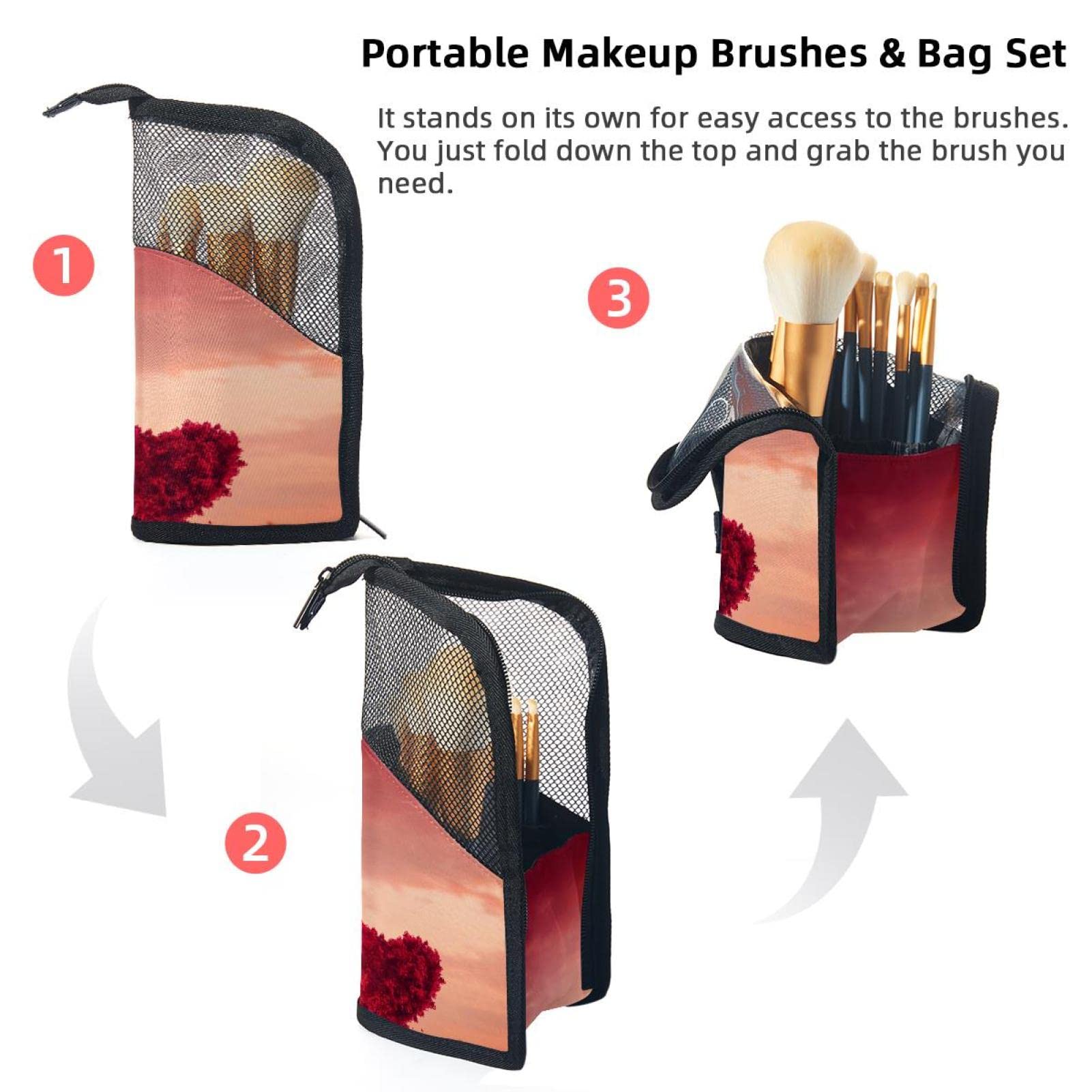 12-Piece Makeup Brush Organizer Bag with Heart Love Tree Design - Portable Makeup Brush Holder Case for Travel & Valentines Day Gifts - Perfect for Makeup Artists, Home Storage & On-the-Go Beauty Essentials