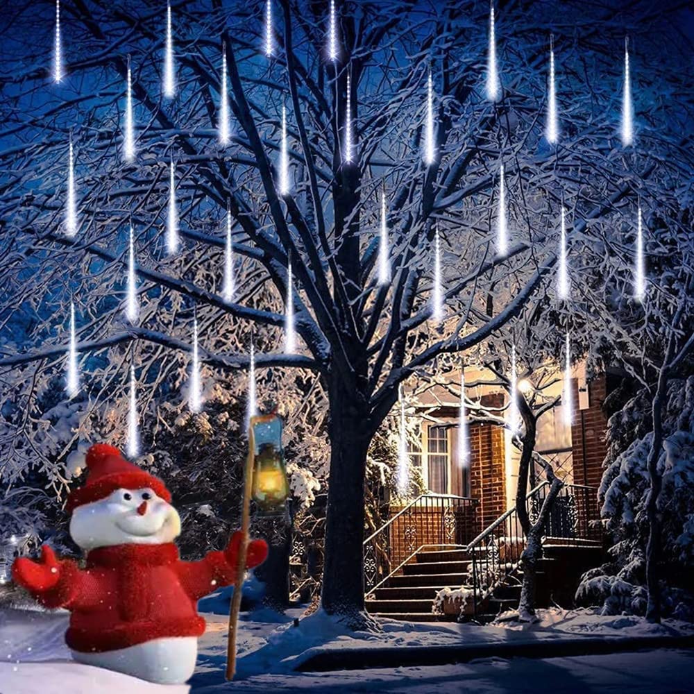 30cm 8 Tubes 192 LED Meteor Shower Lights - Outdoor Christmas Rain Lights with Transformer | White Snowfall Fairy Lights for Wedding, Party & Tree Decorations | Perfect for Garden, Yard, and Holiday Displays