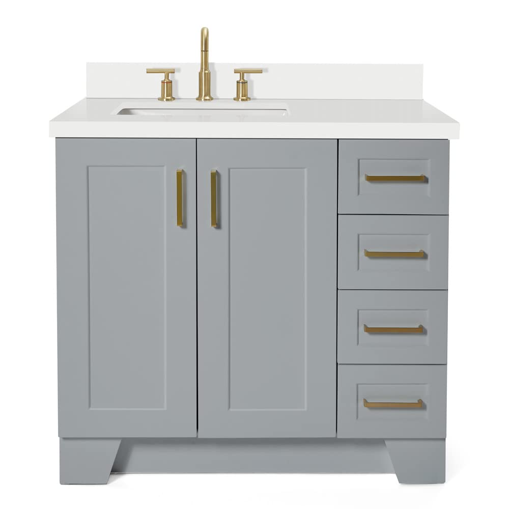 ARIEL Taylor 37-inch Left Offset Rectangle Bathroom Vanity with White Quartz Countertop - Modern Grey Sink Cabinet for Small Spaces | Perfect for Powder Rooms, Guest Baths & Apartment Renovations
