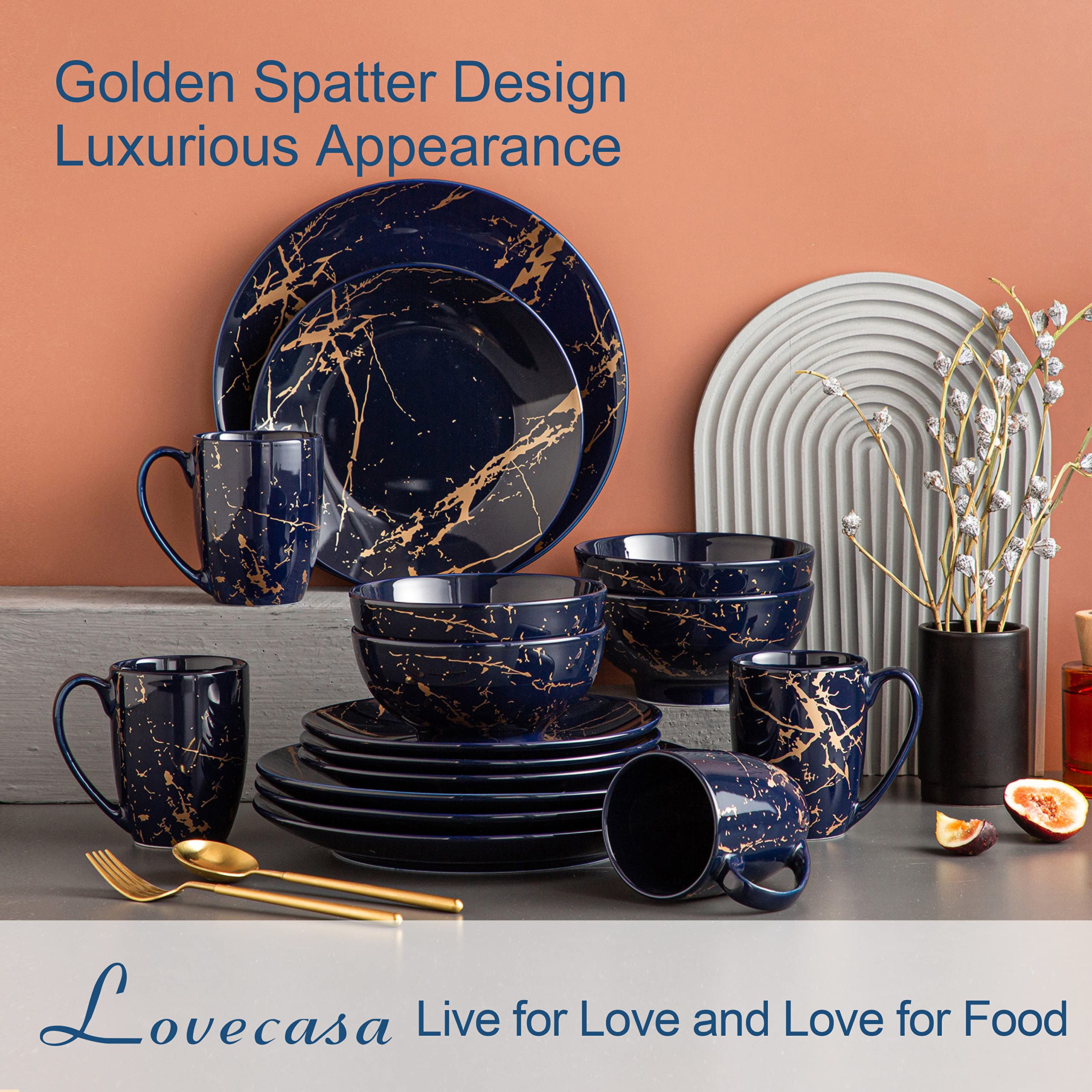 LOVECASA 16-Piece Porcelain Dinnerware Set for 4 - Elegant Dark Blue Color Glaze with Gold Trim, Includes Dinner Plates, Dessert Plates, Bowls & Mugs - Perfect for Family Dinners, Holiday Entertaining & Restaurant-Style Dining