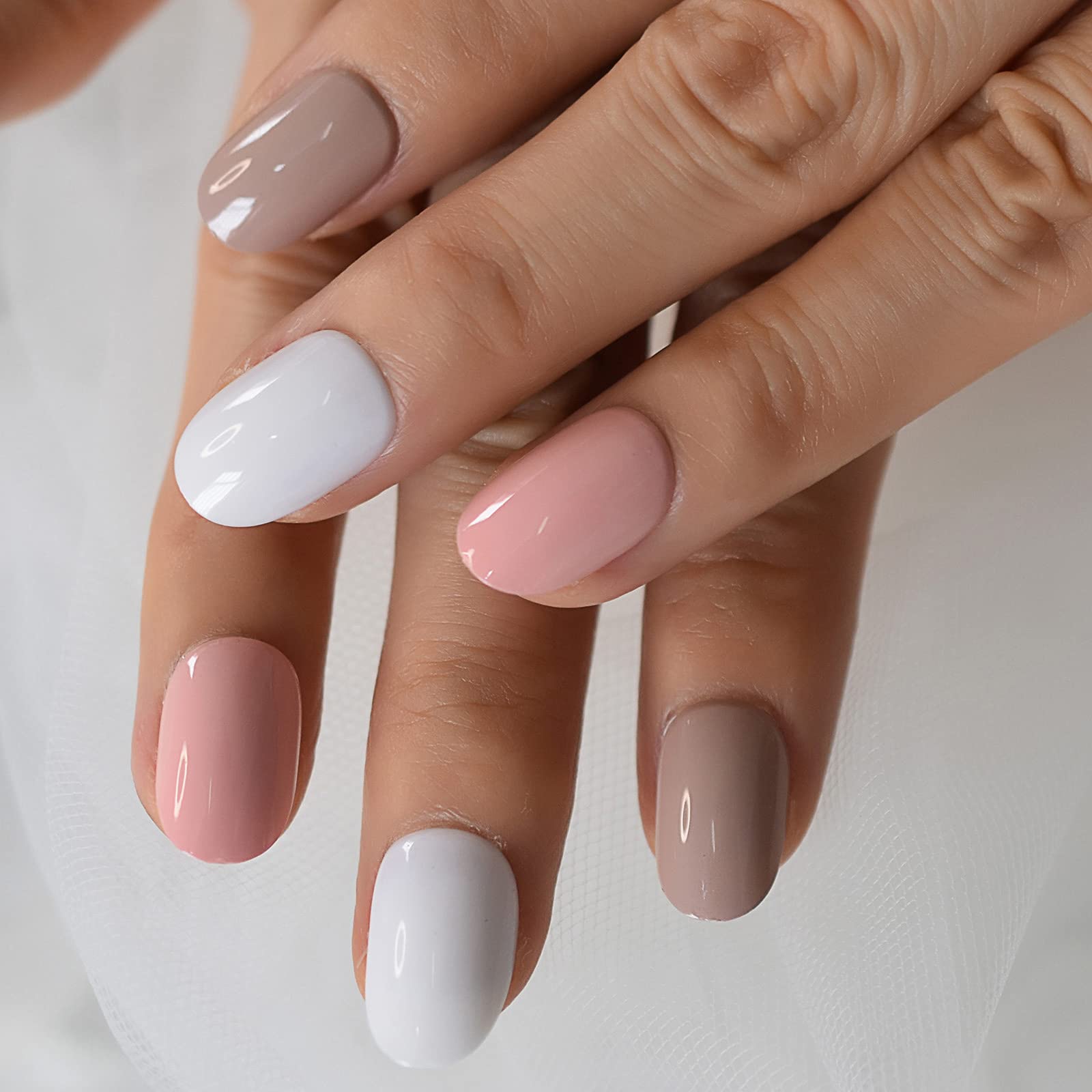 French Tip Press On Nails Short Round - Full Cover False Nails with Adhesive Sticker - Natural Pink White & Nude Colors - Perfect for School, Office, Home & Special Occasions