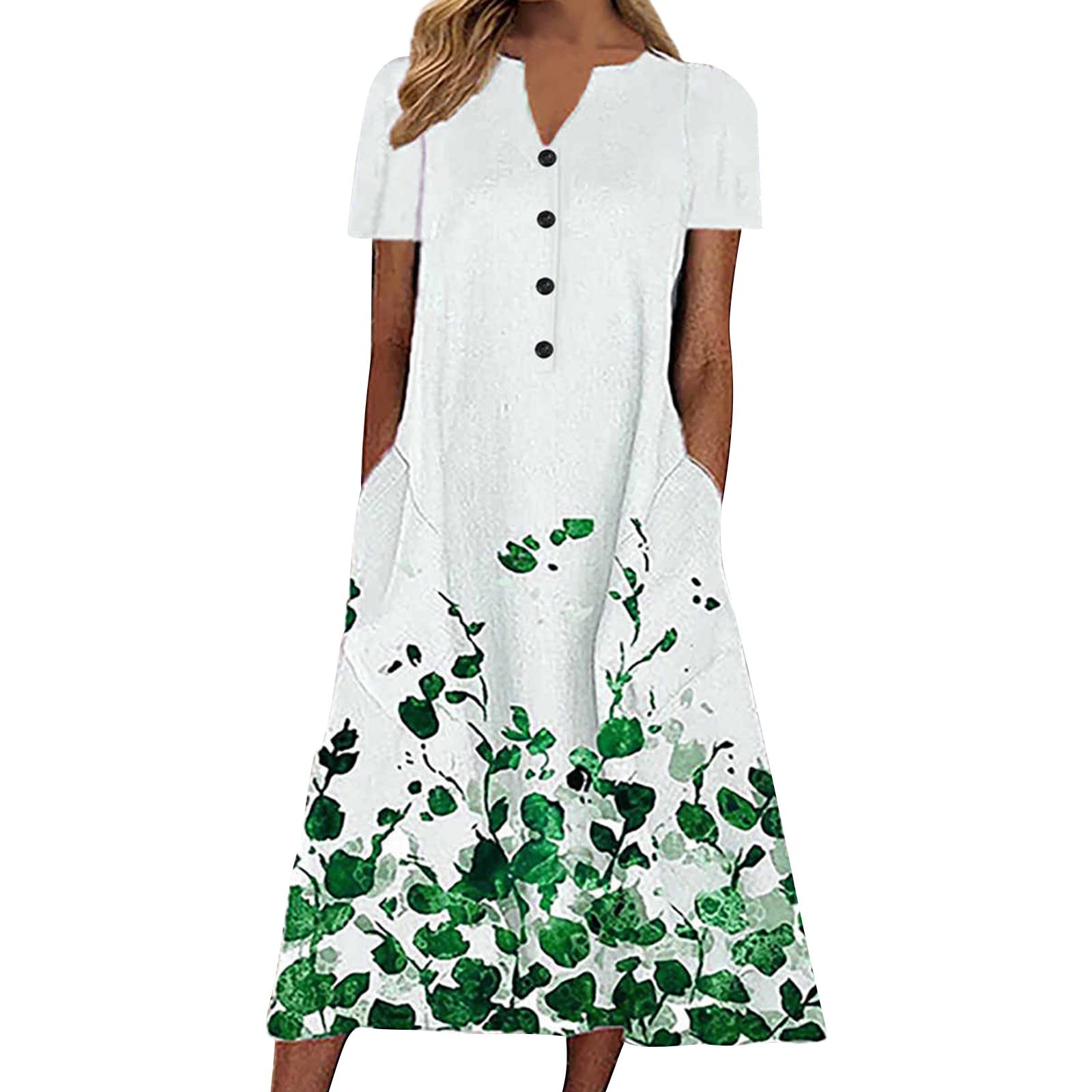 Women's Casual Summer Stripe Button-Down V-Neck Short Sleeve Pocket Sundress - Floral Midi Dress for Beach, Vacation & Holiday Wear