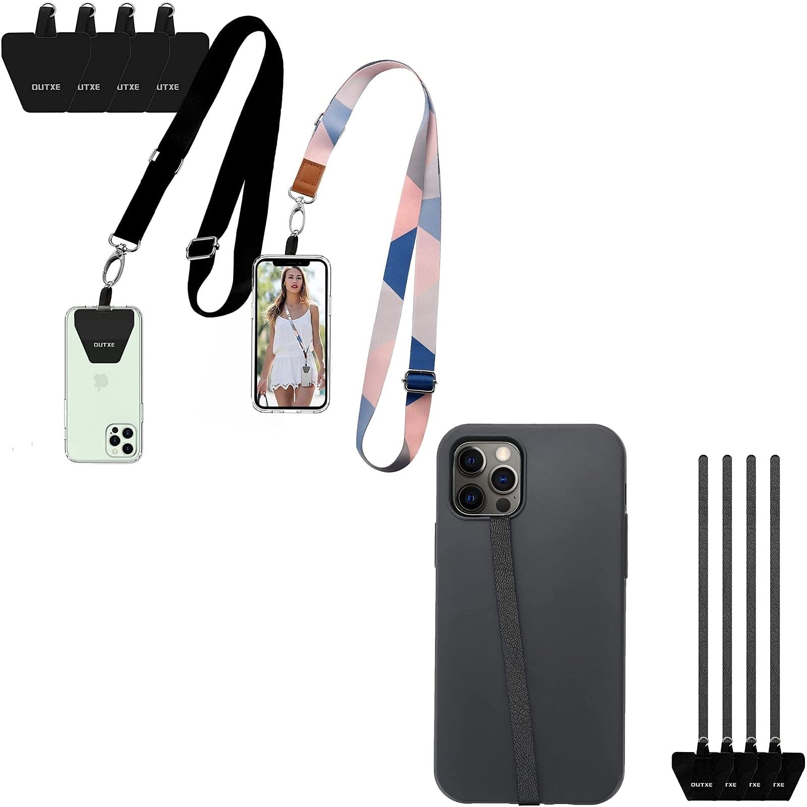 Outxe PU Leather Phone Strap 4-Pack with Secure Grip & Durable Adhesive Pads - 2 Adjustable Neck & Crossbody Lanyards for Hands-Free Convenience - Perfect for Travel, Work, and Outdoor Activities