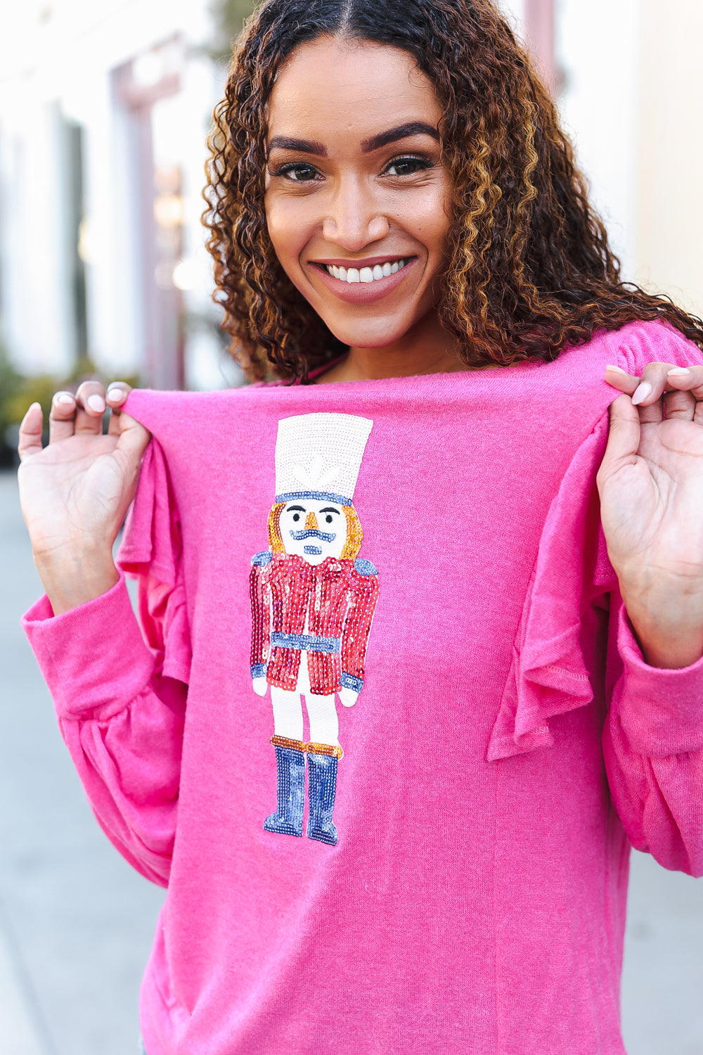 Festive Hot Pink Sequin Nutcracker Christmas Sweater with Ruffle Hacci Knit - Perfect for Holiday Parties, Ugly Sweater Contests & Winter Gatherings