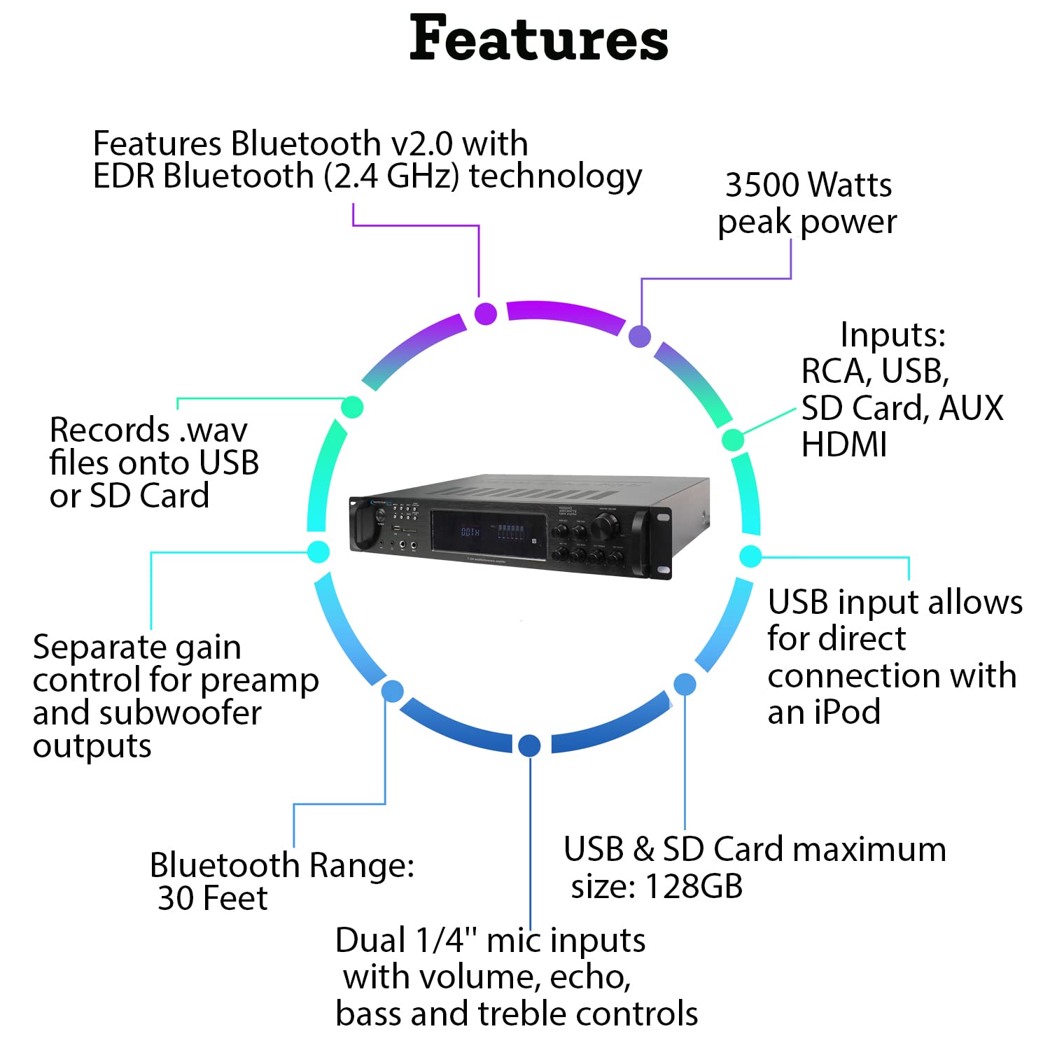 Technical Pro 3500W Peak Power Hybrid Bluetooth Amplifier - Home Audio Receiver with 2 Mic Inputs, RCA, HDMI, USB, SD Card & FM Radio | Wireless Remote for Home Theater, Karaoke & Party Sound System