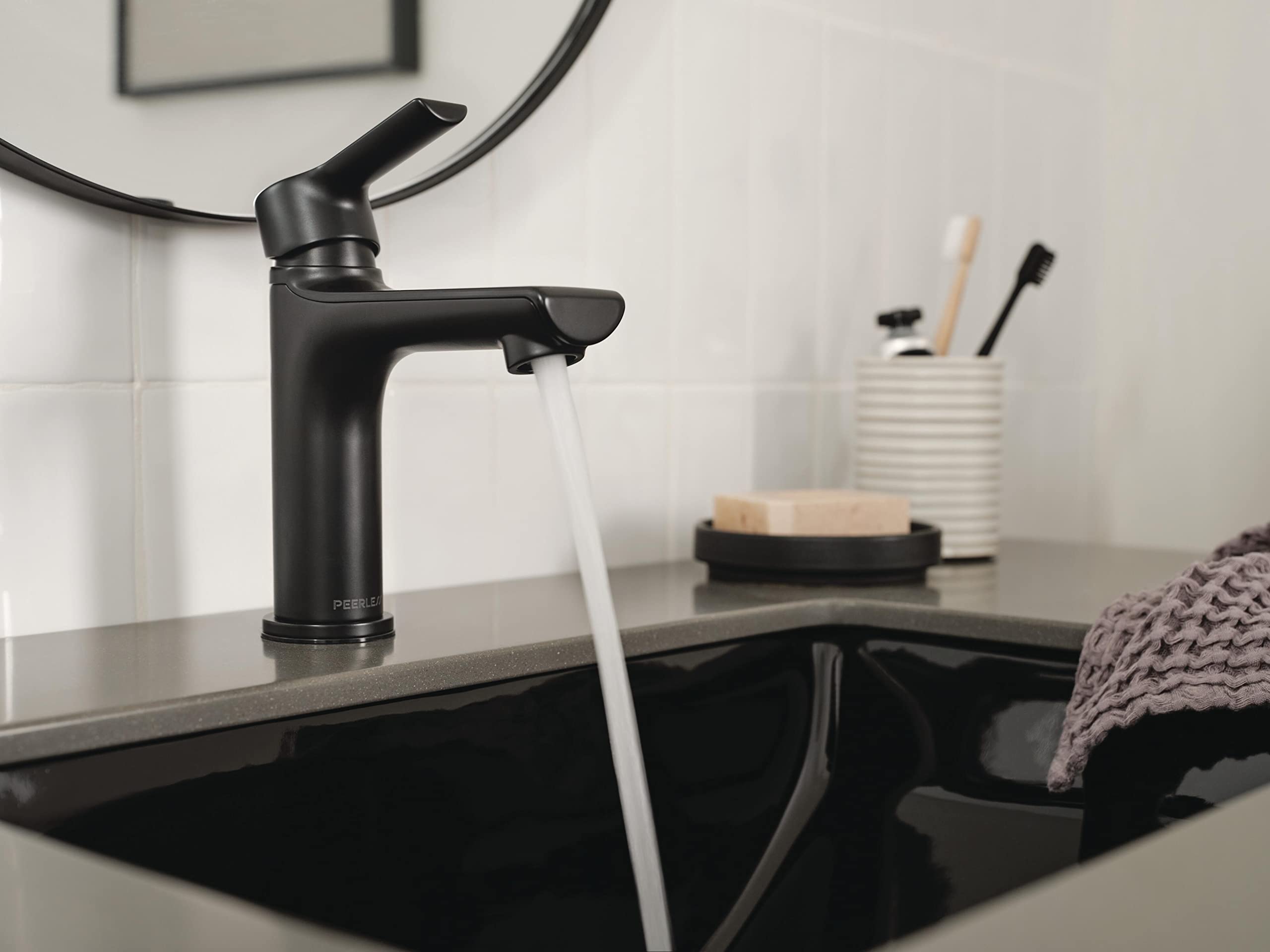 Peerless P1513LF-BL Matte Black Single Handle Bathroom Sink Faucet - Modern Waterfall Spout for Vanity, Powder Room & Guest Bath Installation