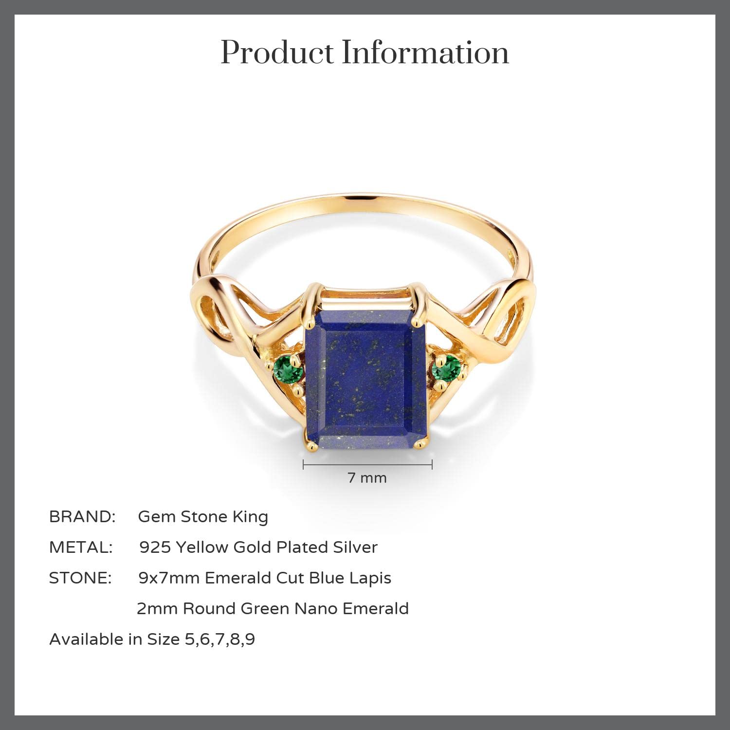 2.05 Ct Blue Lapis & Green Nano Emerald 18K Gold Plated Silver Ring for Women - Gem Stone King | Elegant Jewelry Gift for Birthday, Anniversary & Special Occasions