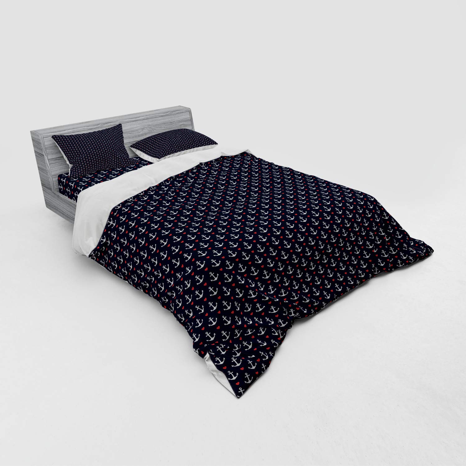 Ambesonne Anchor Duvet Cover Set - Small White Anchors & Red Hearts Design, 4-Piece Queen Size Bedding with Shams & Fitted Sheet (Black/White/Red) | Perfect for Romantic Getaways, Nautical Themed Bedrooms & Vacation Home Decor