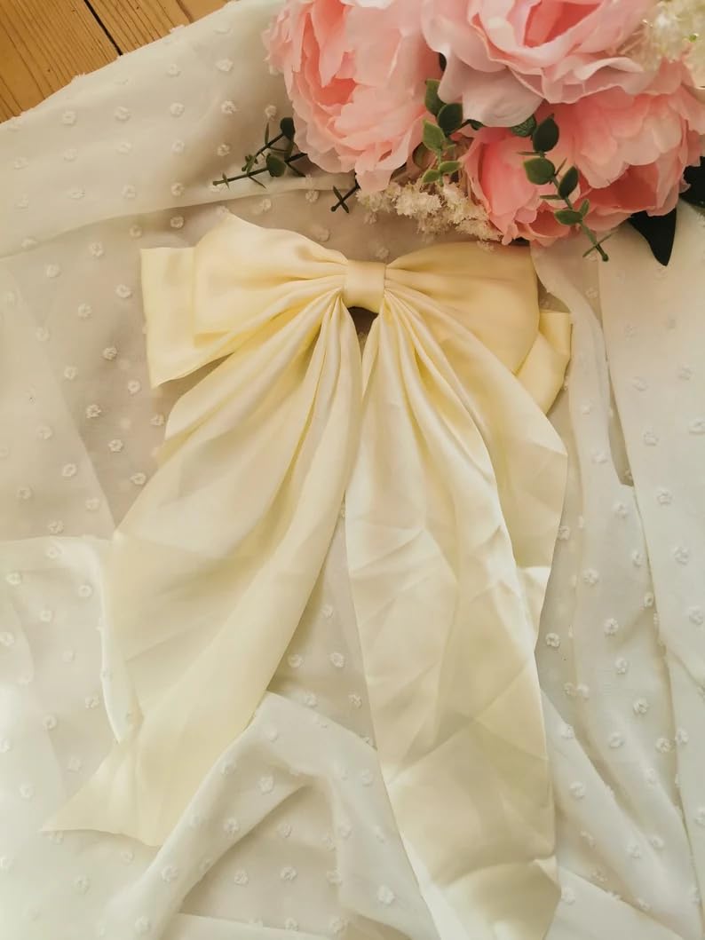 Luxury Satin Hair Bow Clips for Women & Girls - Elegant Off White Hair Accessories, Bow Clips for Women, Cute Hair Bows for Girls - Perfect for Weddings, Parties & Everyday Style