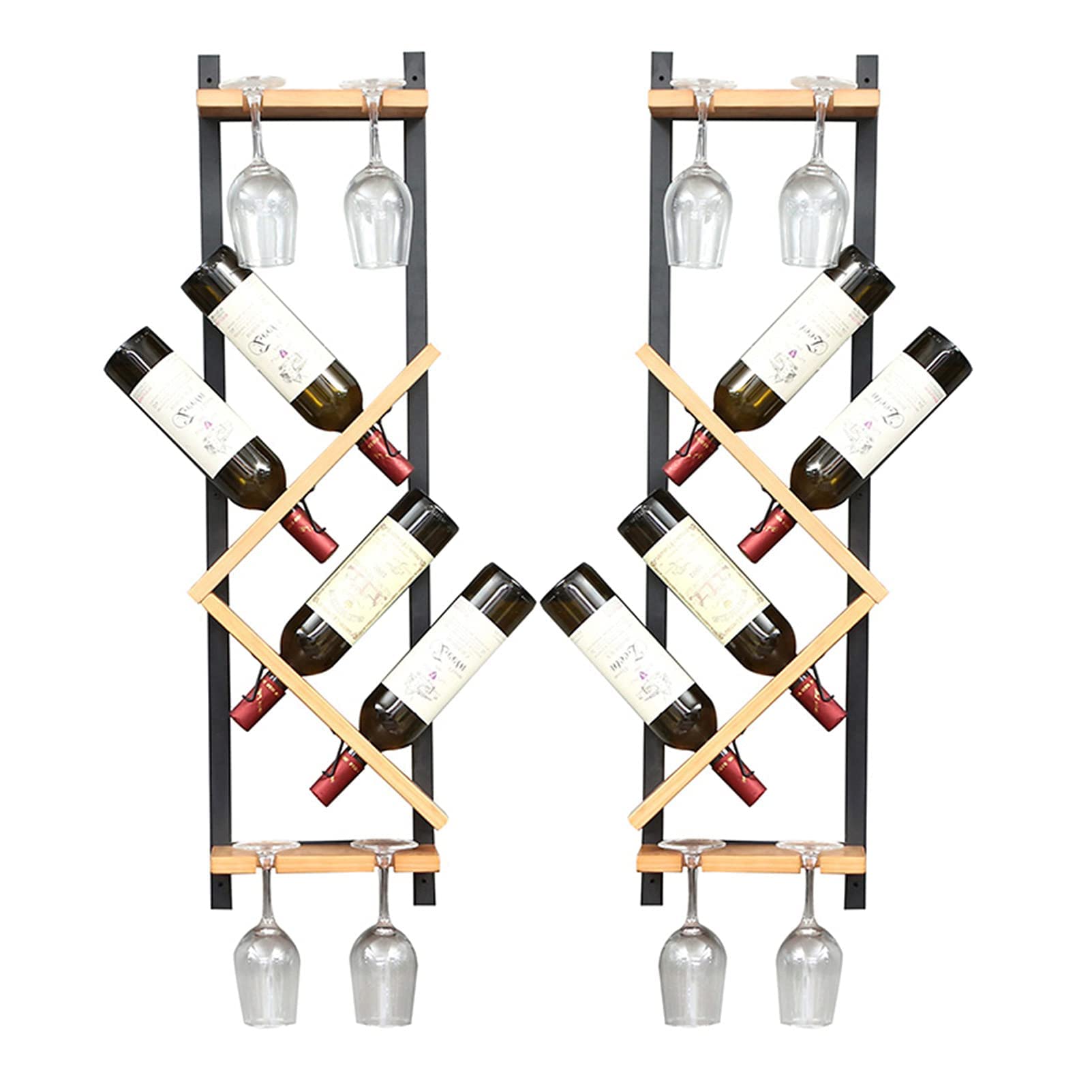 FMOGG Wall Mounted Wine Bottle Holder & Glass Rack Set of 2 - Floating Wood Shelves for Bar, Kitchen, Dining Room - Wine Storage Organizer with Bottle Rack and Glass Holder