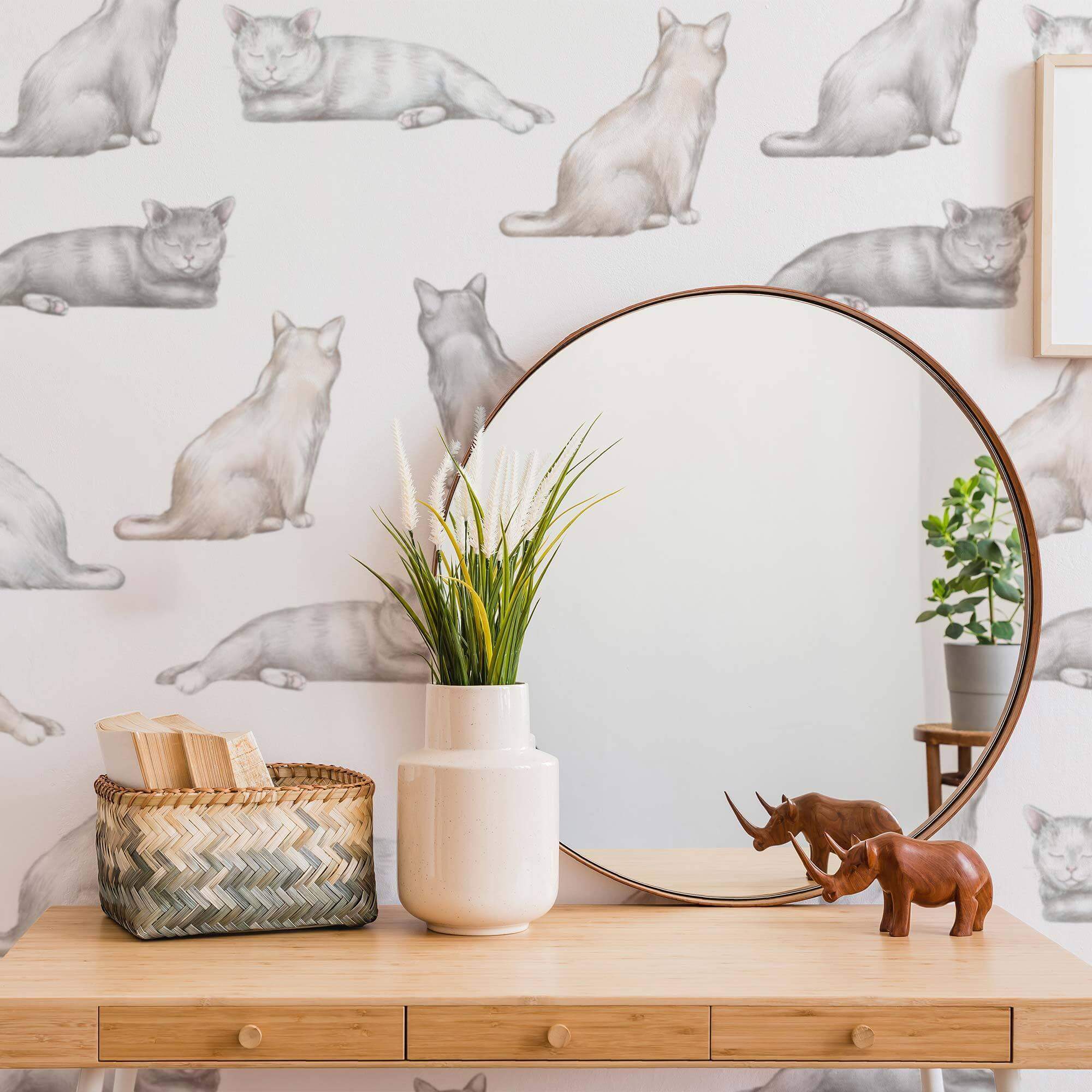 Grey Cat Peel and Stick Removable Wallpaper - Self-Adhesive Decorative Wall Covering for Bedroom, Nursery, or Office Decor