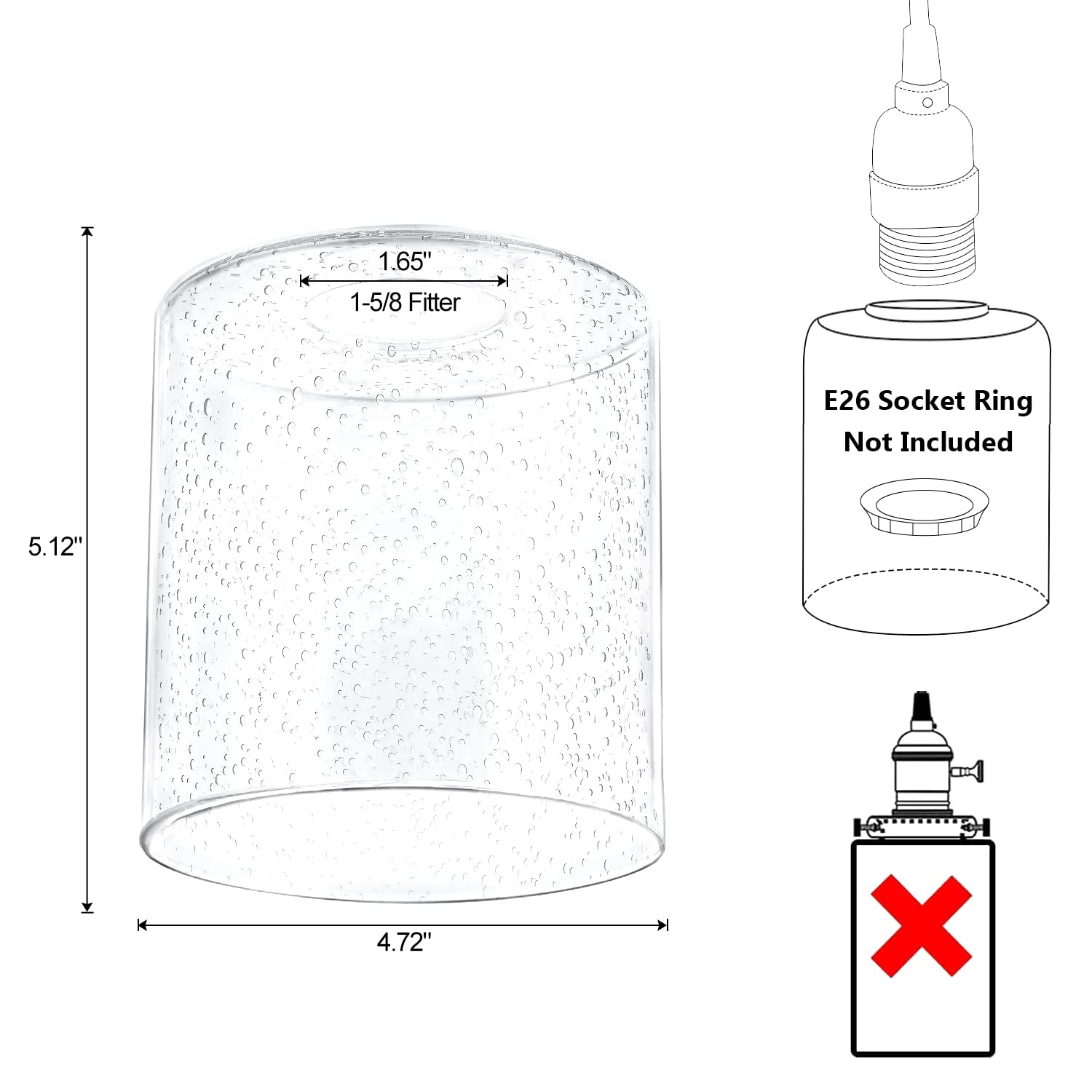 1 Pack Clear Seeded Glass Lamp Shade Replacement - 1-5/8-Inch Fitter Opening for Pendant Lights, Floor Lamps, Desk Lamps & Wall Sconces - Perfect for Living Room, Bedroom, Bathroom Vanity & Dining Room Lighting