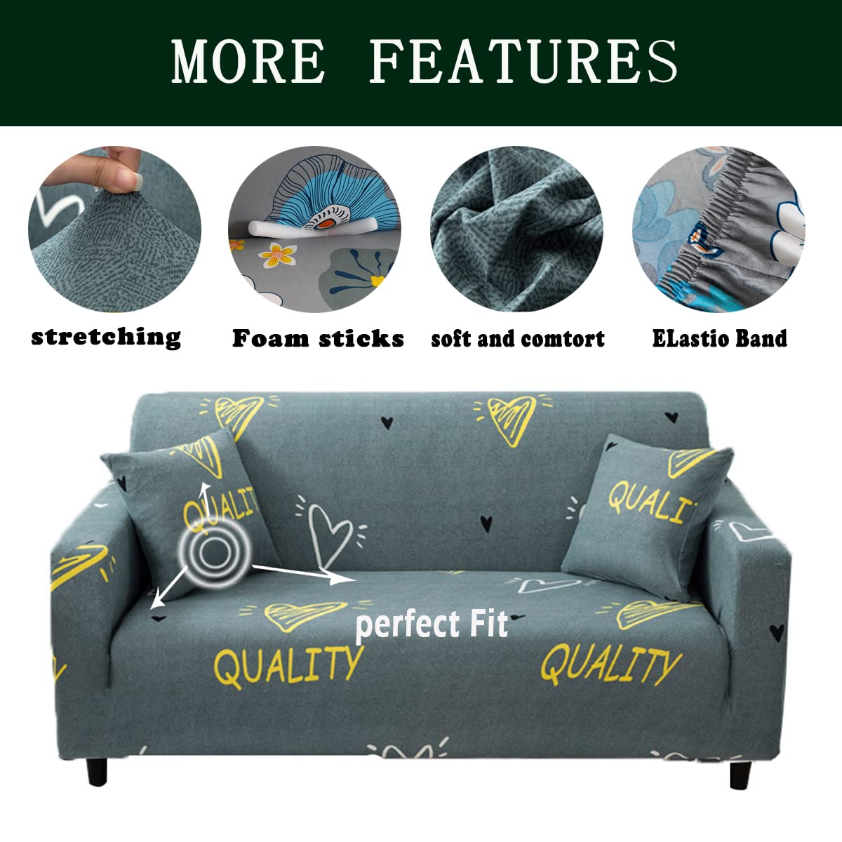 Stretch Sofa Covers - Printed Elastic Couch Slipcovers for 3-Seater Couches, Universal Fit Furniture Protector for Living Room, Bedroom & Office Use