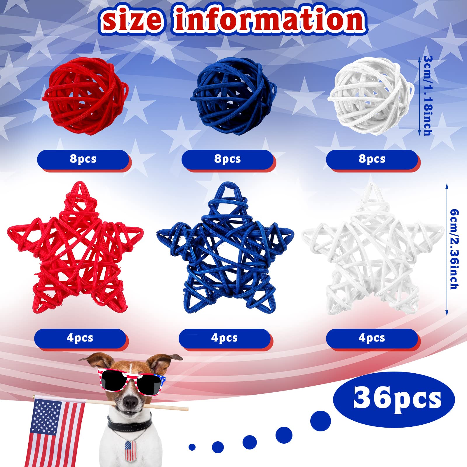 Yulejo 36-Piece Patriotic Vase Filler Set - 4th of July & Memorial Day Decorations, Natural Rattan Decorative Balls for Bowls (Round & Star Shapes) - Perfect for Independence Day Parties, Home Decor, and Patriotic Celebrations