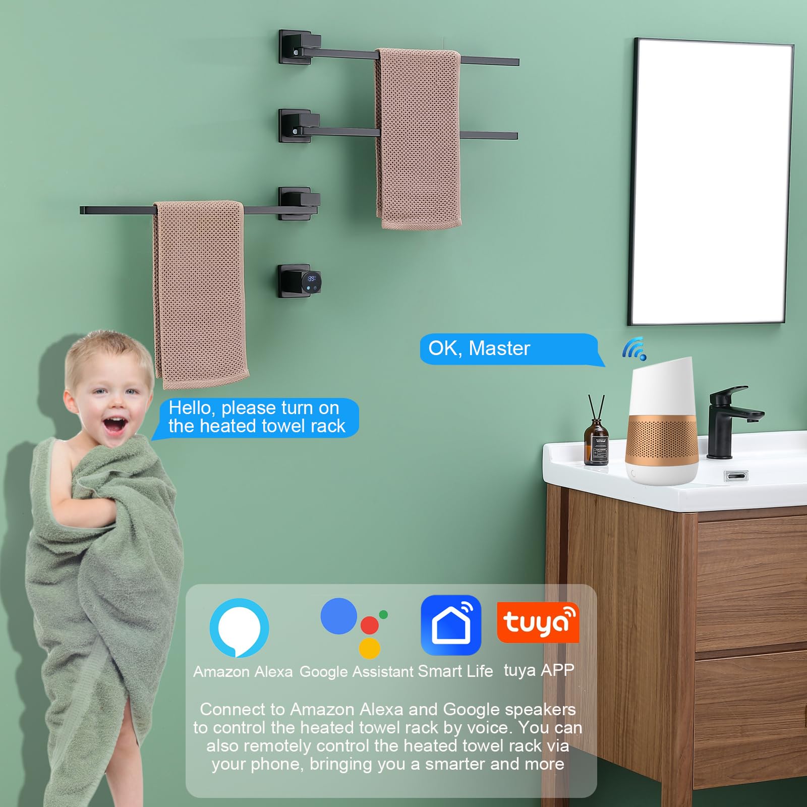 Digital Display Heated Towel Rack with WiFi Control - 180° Swivel Electric Towel Warmer with Timer (1-24H), Adjustable Temperature 115°F-145°F, 66W Concealed Bathroom Towel Rail - Perfect for Spa-Like Luxury & Quick Drying in Homes, Hotels, and Gyms