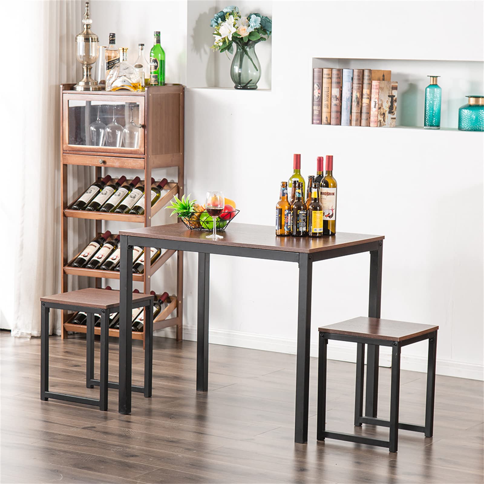 Compact Round Kitchen Table Set for 2 - 3 Piece Small Space Dining Set with 2 Chairs, Breakfast Nook Table & Wine Rack - Perfect for Apartments, Tiny Homes & Cozy Breakfast Nooks (Walnut)