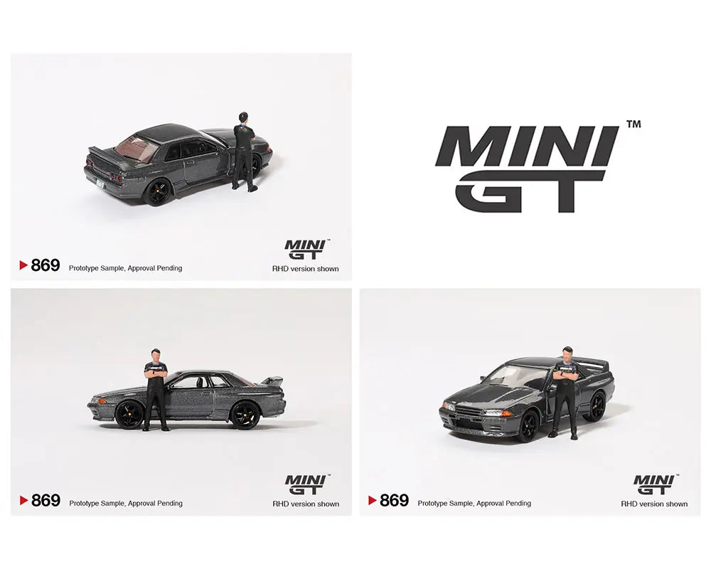 MINI GT 1:64 Nissan Skyline GT-R (R32) Nismo Gunmetal Diecast Model Car with Tsugio Matsuda Figure - Limited Edition Collectible for Racing Fans & Car Enthusiasts - Perfect for Display, Gifts, and Model Car Collections