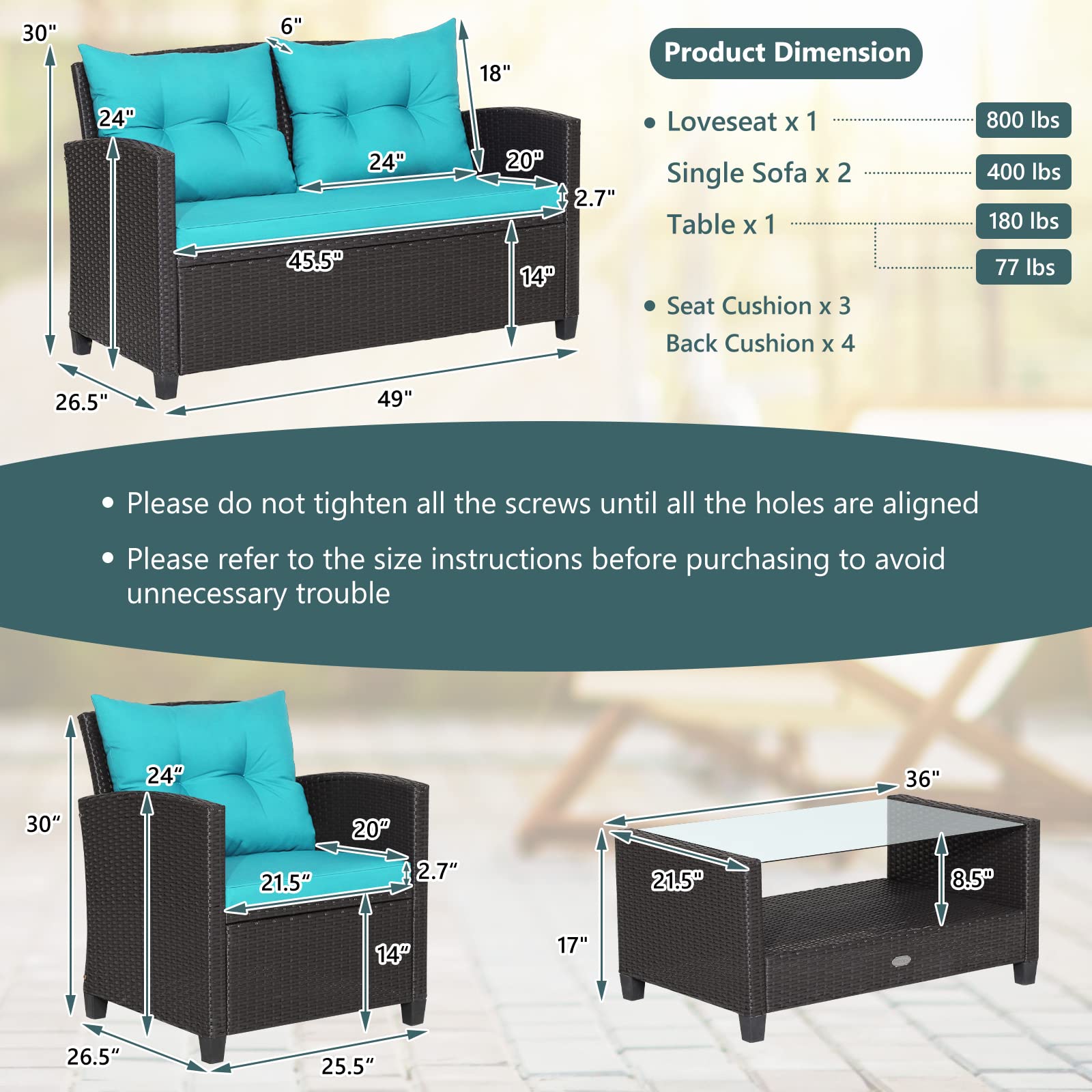 Tangkula 4-Piece Outdoor Patio Furniture Set - Rattan Wicker Sofa Set with 1 Loveseat, 2 Single Chairs & Tempered Glass Coffee Table - Perfect for Backyard, Garden, Poolside & Porch Relaxation