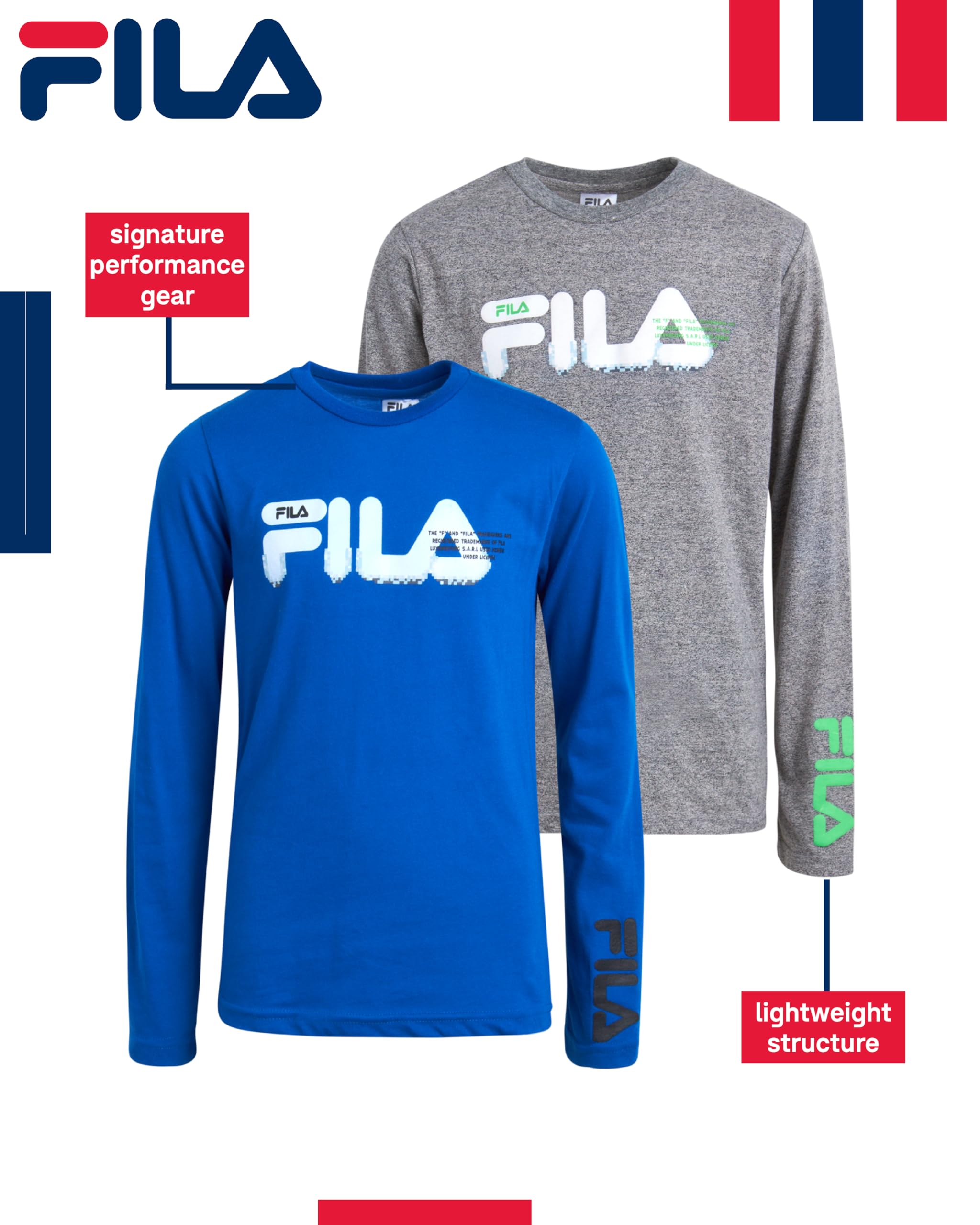 Fila Boys' Athletic Performance Long Sleeve T-Shirt 2 Pack - Moisture Wicking Youth Activewear for Sports & Training (Sizes S-XL) - Perfect for Basketball, Soccer & Gym Workouts