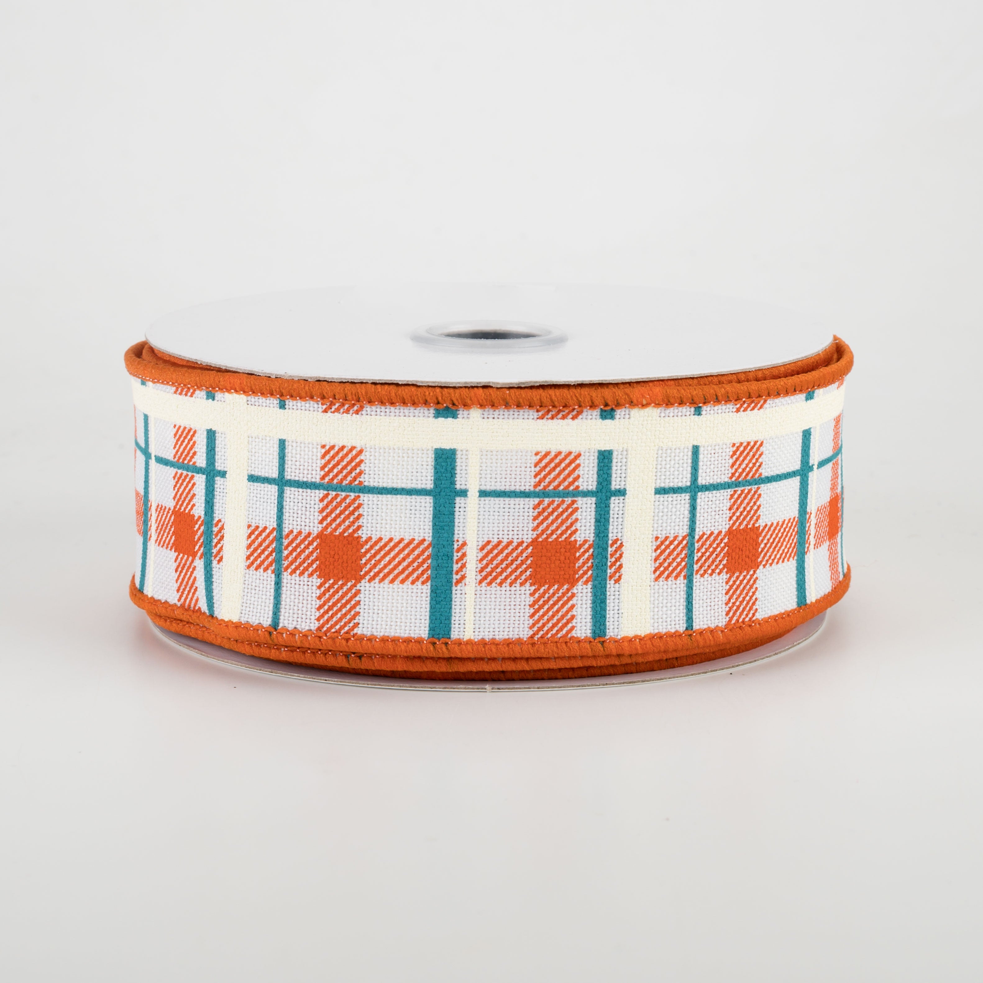 1.5 Inch Printed Plaid Ribbon - White, Dark Orange & Turquoise - 10 Yards Bulk Spool for Gift Wrapping, Crafts, DIY Decorations and Party Favors