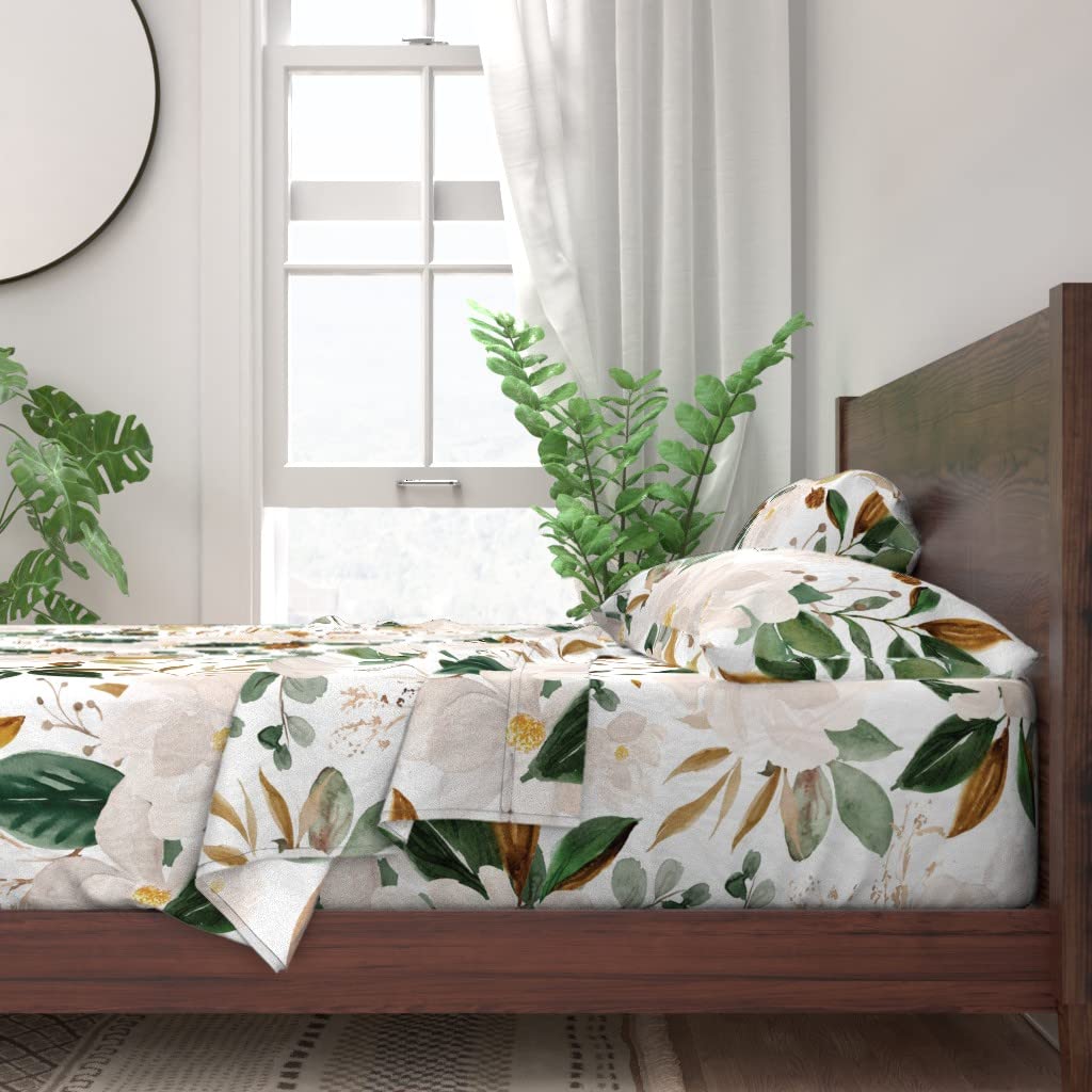 100% Cotton Twin Sheet Set 3pc - Gold Floral Magnolias White Print Custom Bedding by Spoonflower | Soft Breathable Sheets for Bedroom, Guest Room & Dorm