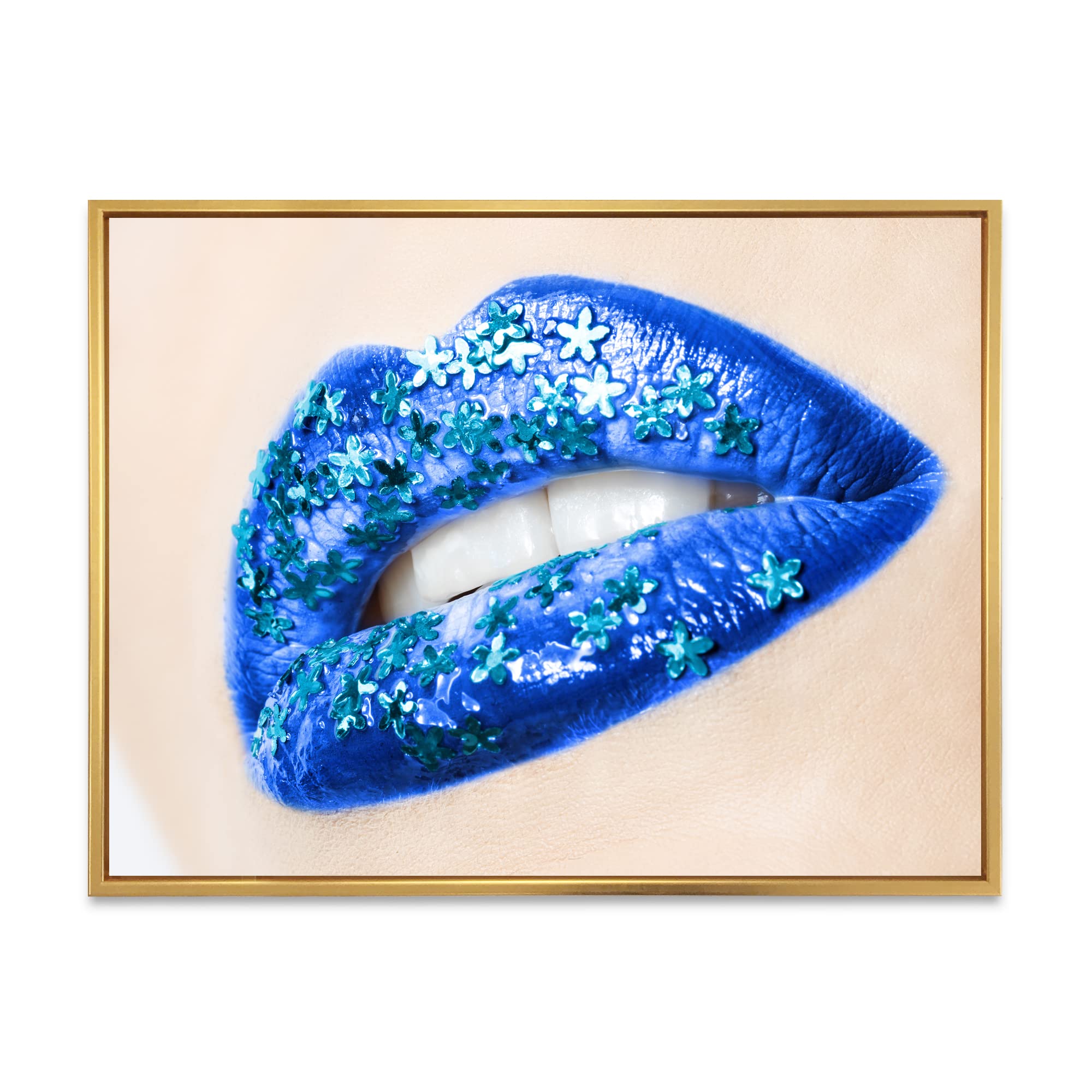 DesignQ Beautiful Female Lips Blue With Flowers - Modern Framed Canvas Wall Art Print for Living Room, Bedroom & Office Decor | Home Wall Decoration Gift Idea