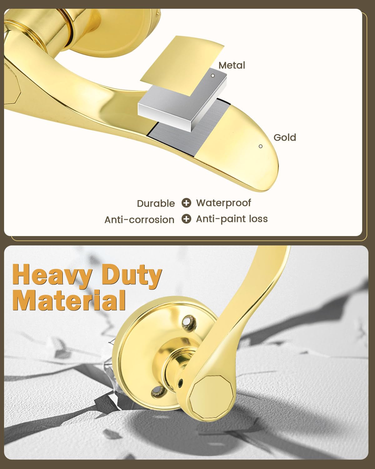 8 Pack Polished Brass Passage Door Levers - Non-Locking Interior Door Handlesets for Closet & Hallway (Right/Left Handing) - Perfect for Bedroom, Bathroom & Office Doors