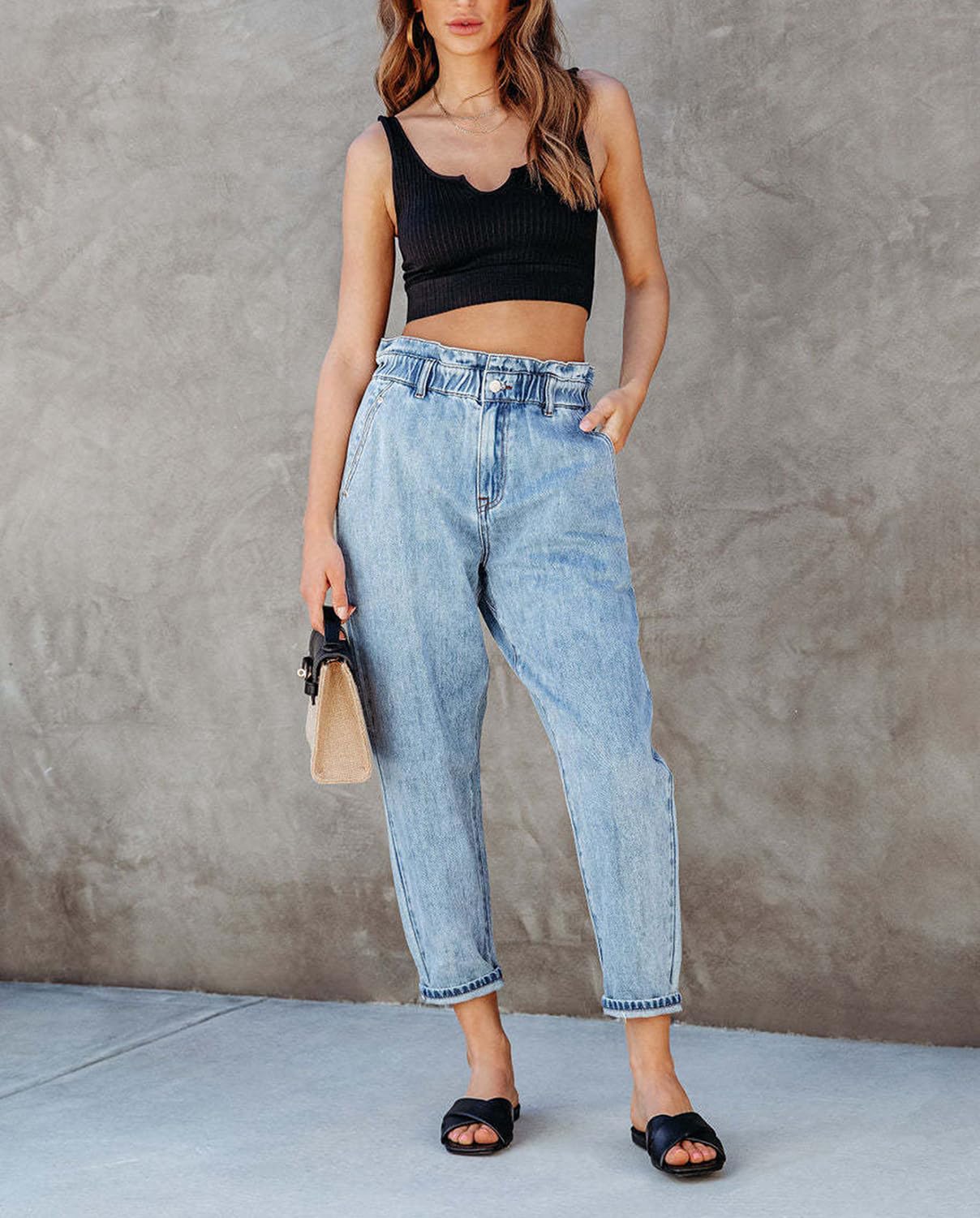 Viatabuna Women's Mom Jeans - Elastic Waist Denim Pants for Casual Wear