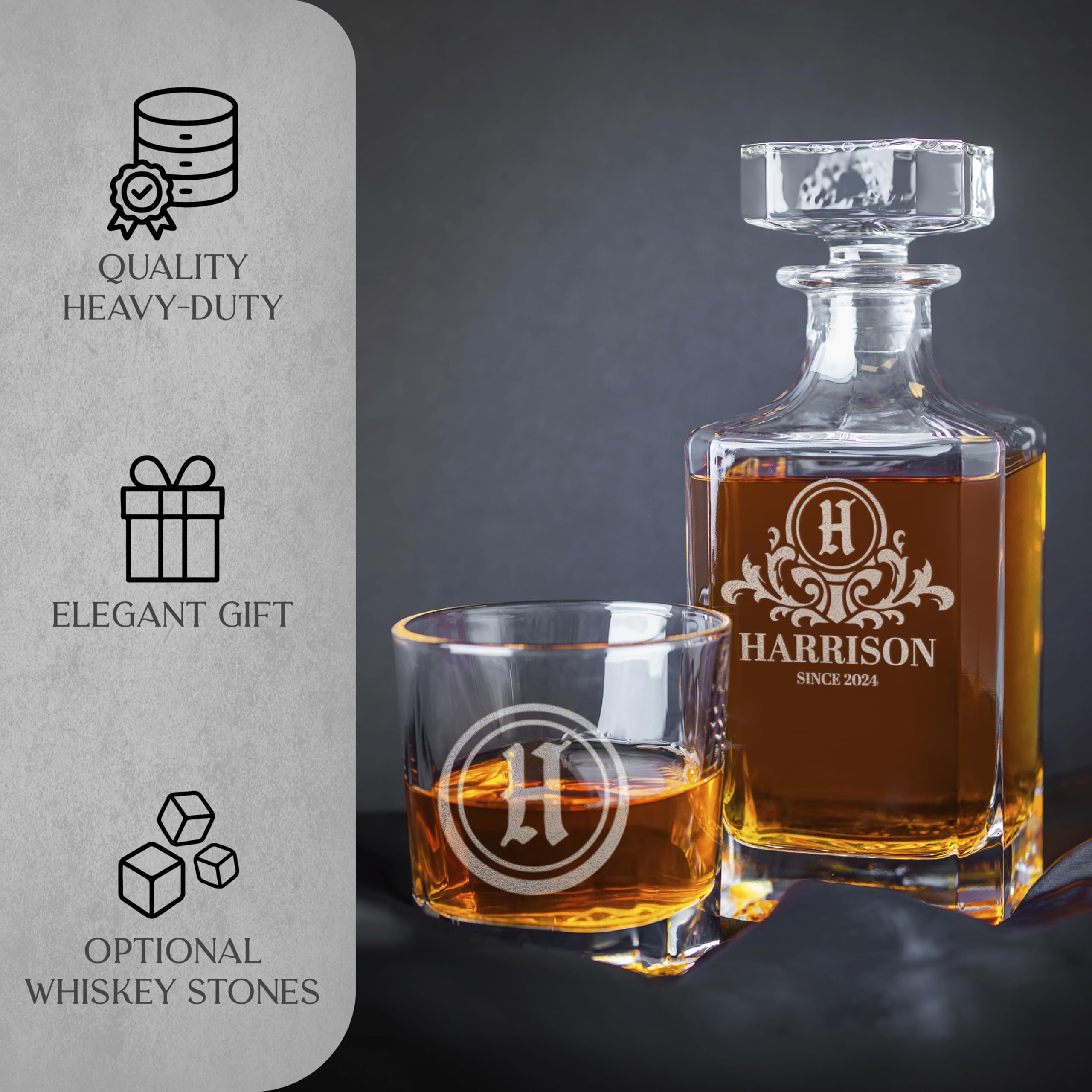 Personalized Whiskey Decanter Set with 2 Glasses - Engraved 25oz Liquor Decanter Gift for Men - Custom Monogram Barware for Birthday, Retirement & Anniversary - Perfect for Home Bars, Man Caves & Gifting
