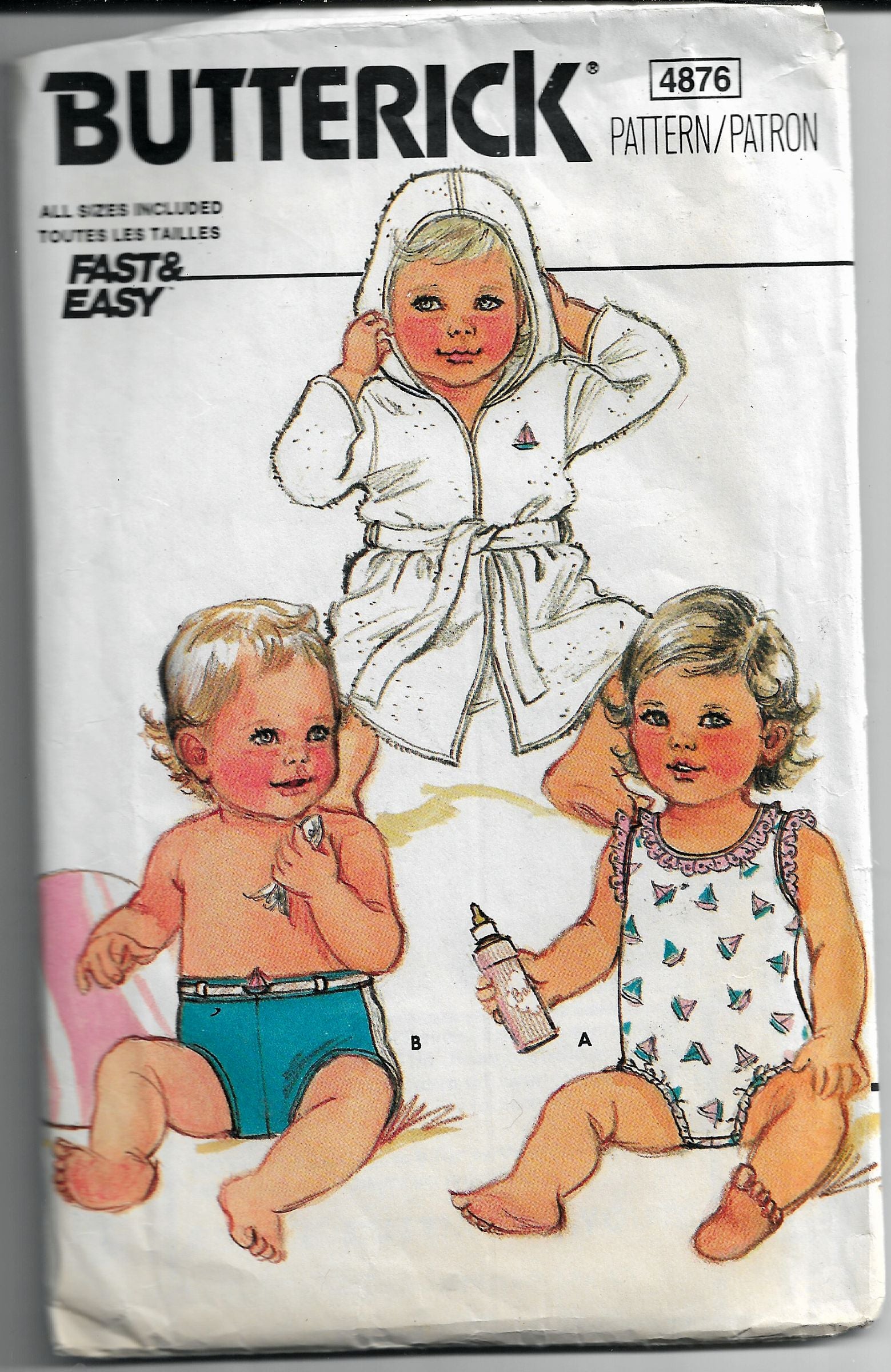 Vintage 1980s Butterick 4876 Baby Infant Swimsuit Robe Sewing Pattern - DIY Baby Beach Cover Up & Retro Swimwear Sewing Project