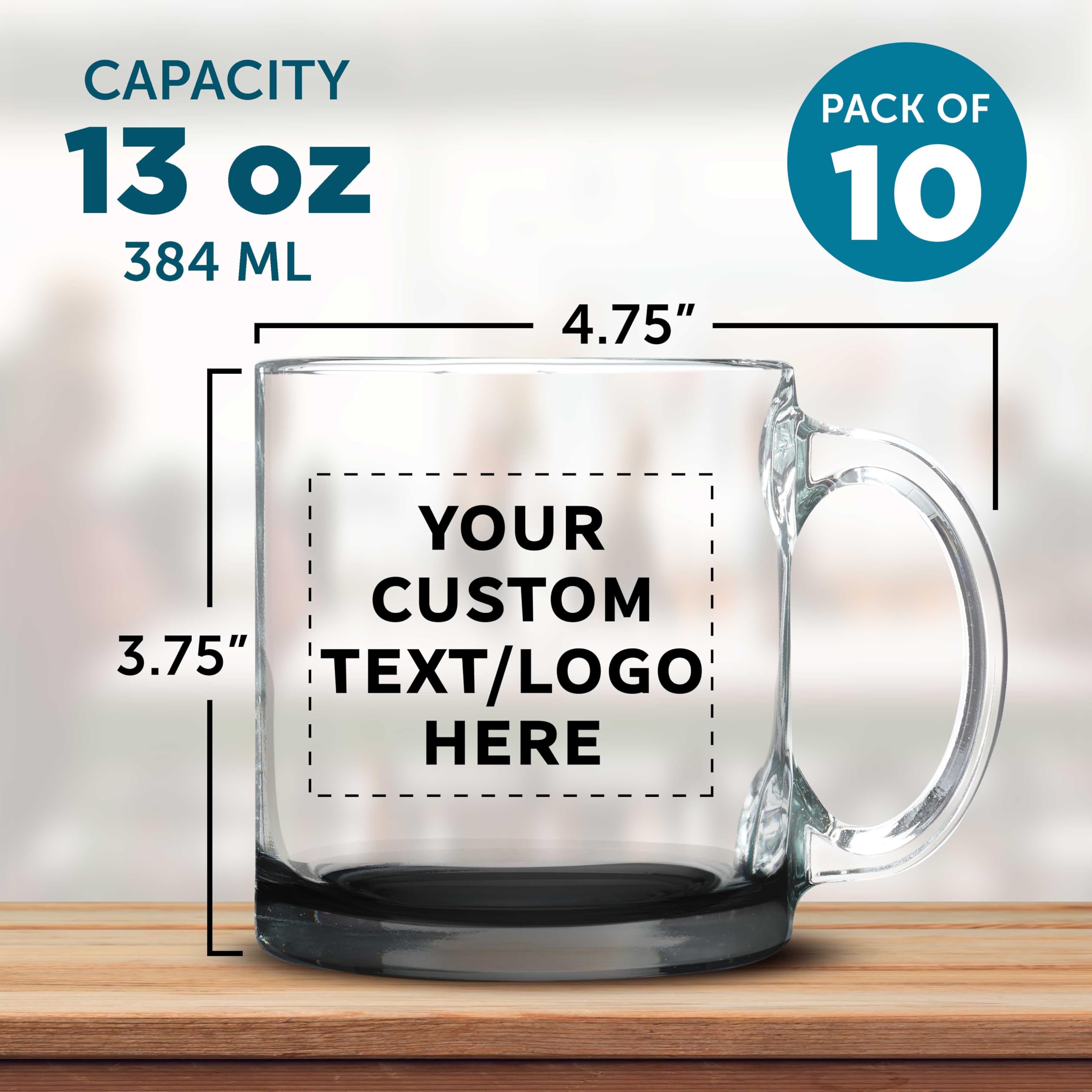 Custom Libbey Clear Glass Coffee Mugs 13 oz (Set of 10) - Personalized Bulk Pack for Coffee, Tea, Espresso & Hot Cocoa - Durable Black Bottom - Ideal for Restaurants, Cafes, Offices & Home Use