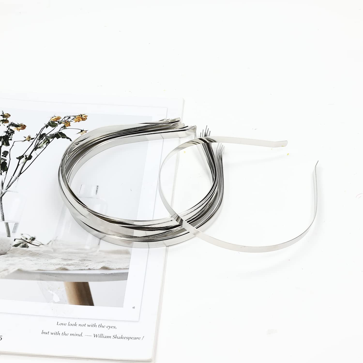 Lawie 20 Pack Bulk 7mm Thin Silver Black Plain Blank Hard Wire Metal Headbands for Women - DIY Hair Accessories, Tiara Making, Crafting Supplies (Silver) - Perfect for Bridal, Cosplay, and Party Hairstyles
