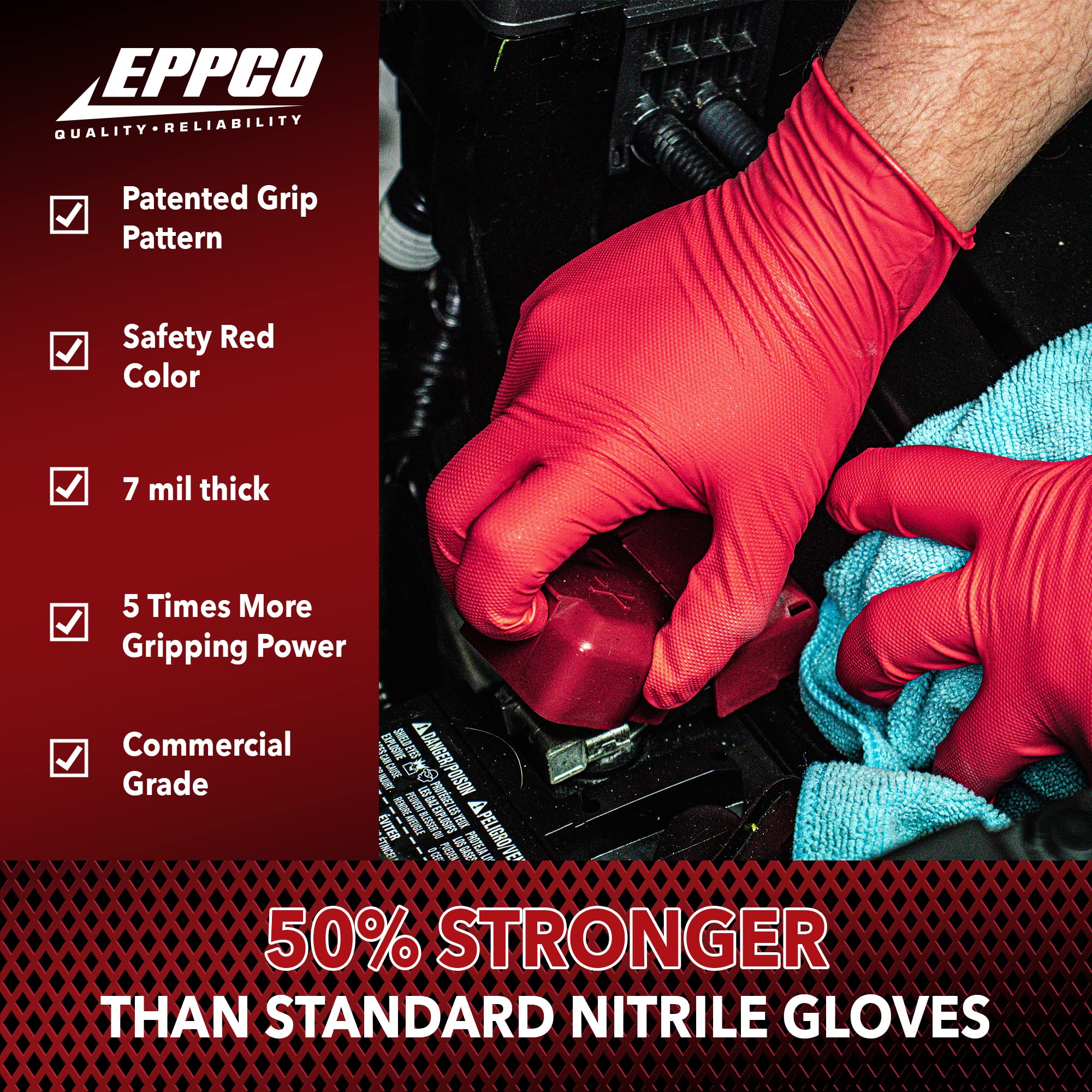 **EPPCO Grease Bully 7-Mil Red Nitrile Gloves - Disposable, Powder-Free, Latex-Free, Textured Grip - Heavy-Duty Mechanic Gloves for Automotive, Industrial & DIY Use**