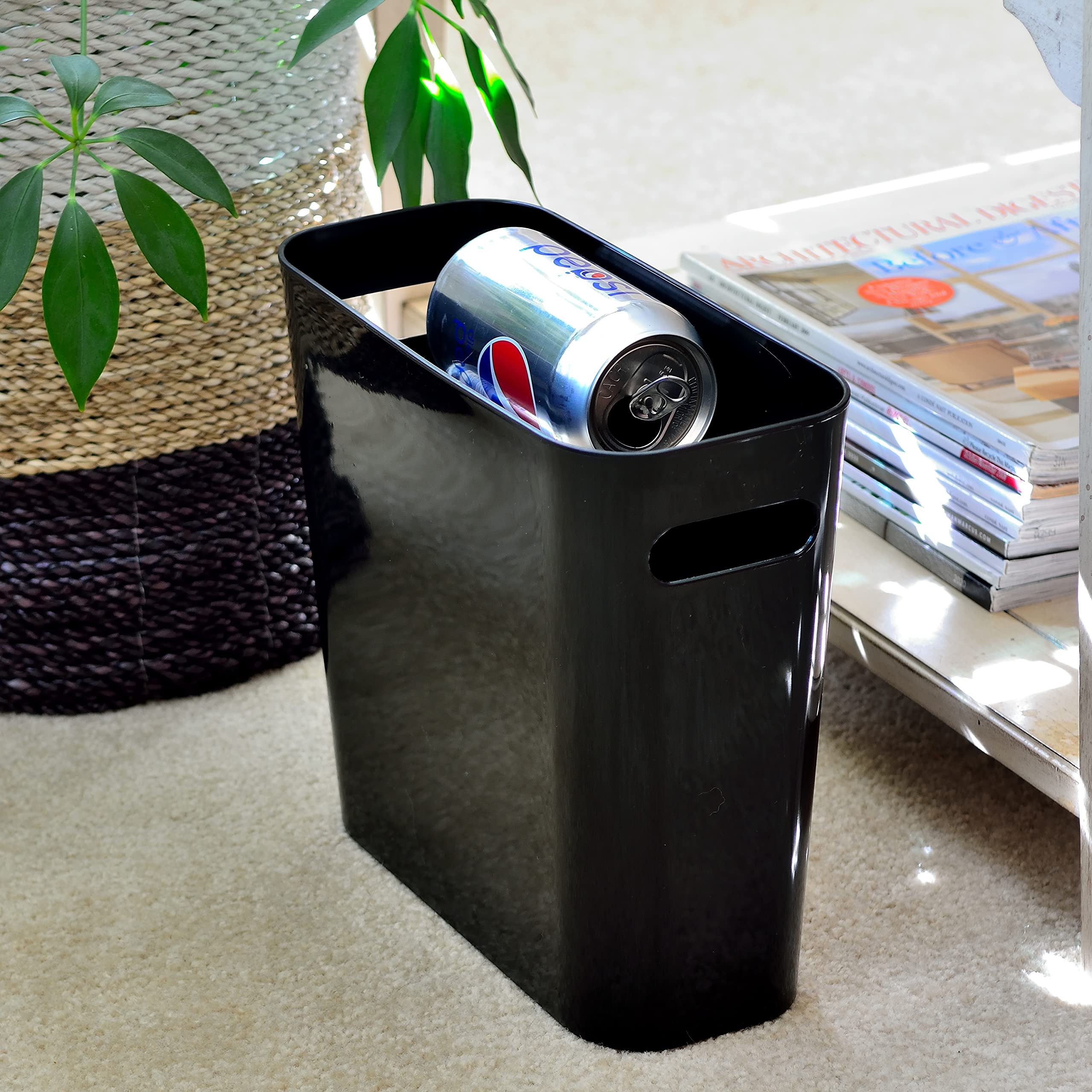 Youngever 1.5 Gallon Slim Plastic Trash Can with Handles - Small Wastebasket for Home, Office, Kitchen, Bathroom & Living Room - Space-Saving Garbage Bin (2-Pack, Black) | Perfect for Small Spaces, Dorm Rooms & Under Desk Use