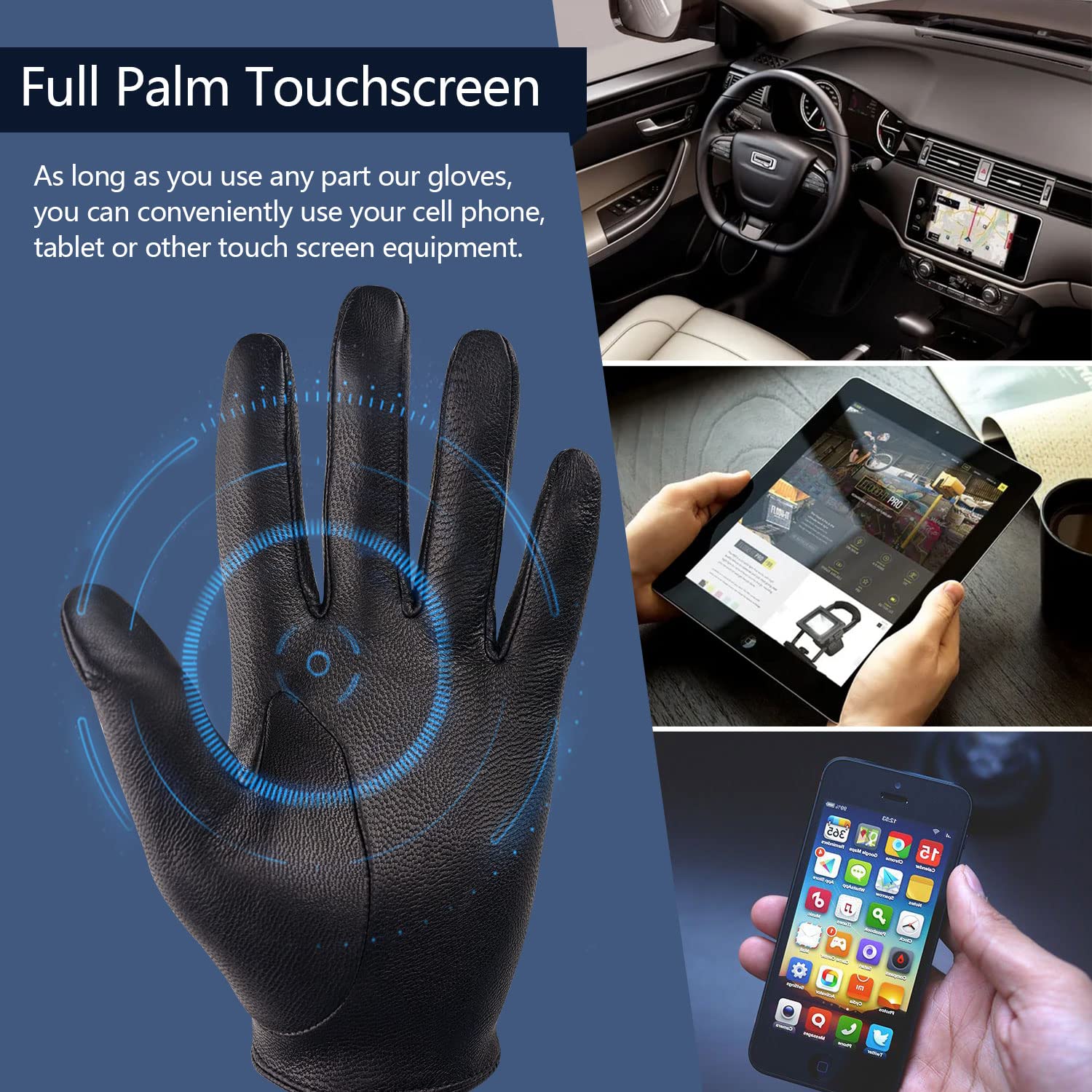 GSG Men's Genuine Sheepskin Leather Gloves - Black Driving, Cycling & Motorcycle Gloves with Touchscreen Compatibility - Winter Warm Unlined Gloves for Outdoor Sports & Commuting