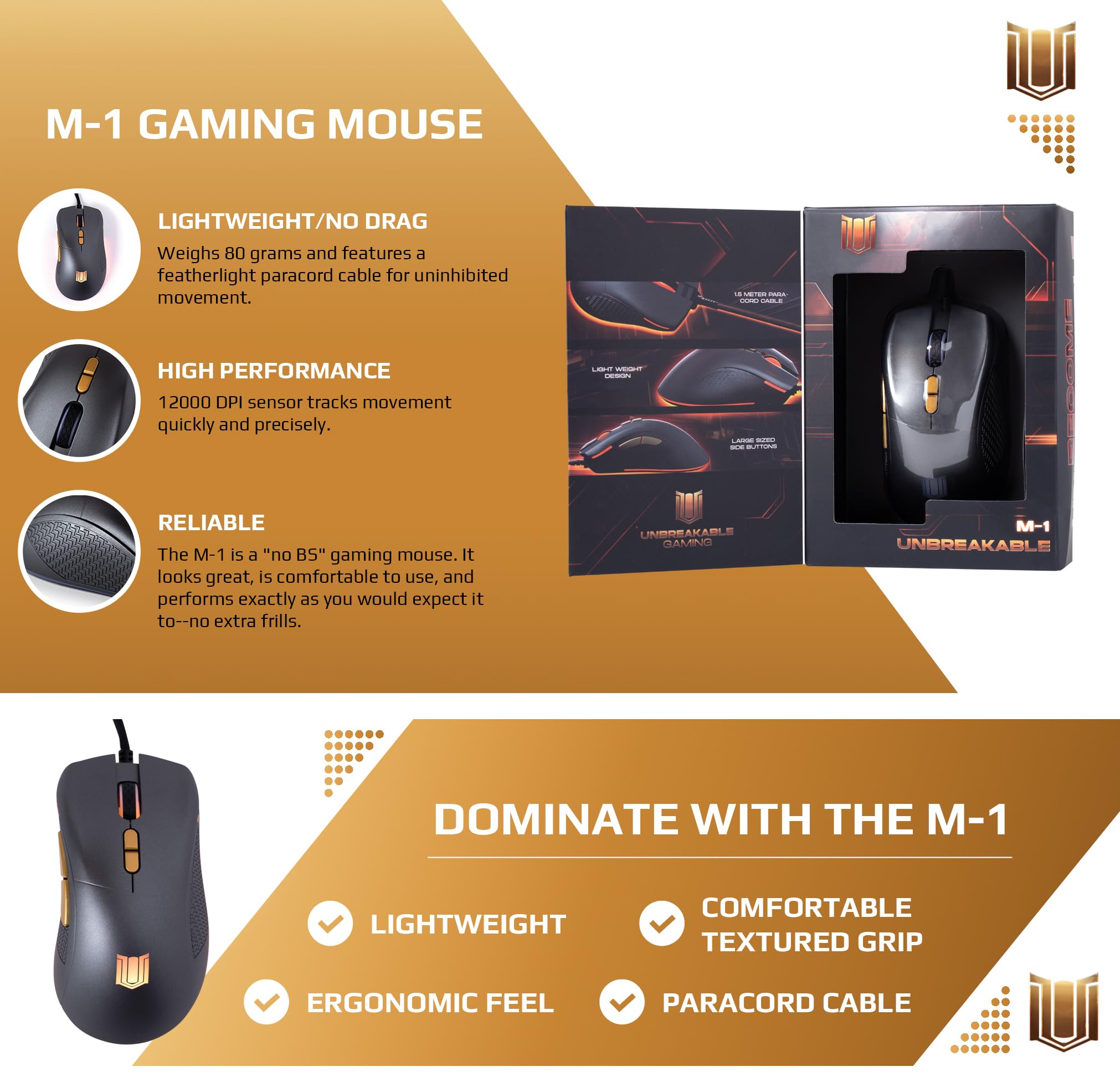 High-Performance M-1 Wired Gaming Mouse with 12,000 DPI Adjustable Sensor, Ergonomic RGB Lighting & Side Buttons - Perfect for PC Gaming, Esports & Office Work