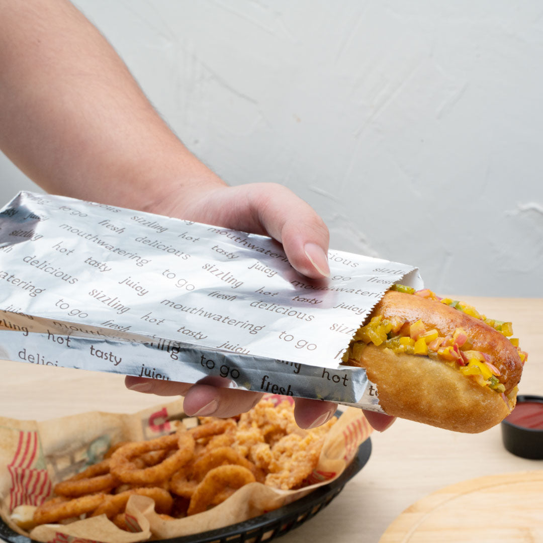 Eco-Friendly Small Hot Dog Foil Bags - 3 3/4 x 1 1/4 x 9 Inches, 100 Count Box - Perfect for Food Trucks, Concession Stands & Party Snacks