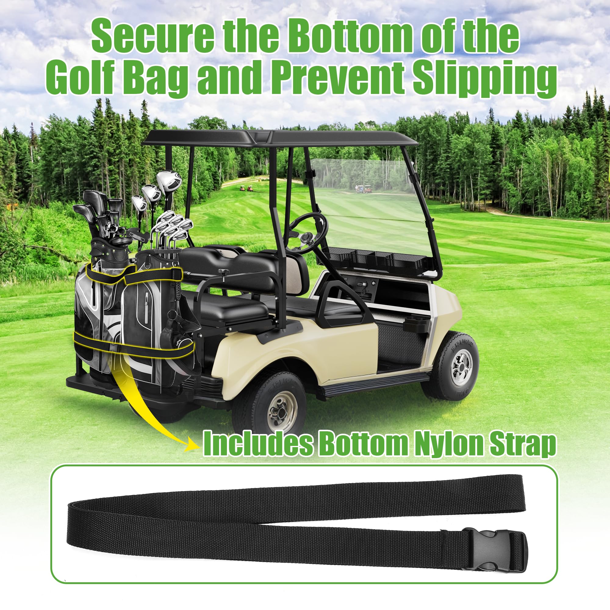 Universal Golf Bag Holder Attachment - No-Drilling Required for Yamaha, EZGO & Club Car Carts | Adjustable Rear Seat Golf Club Holder with Bonus Strap | Perfect for Golf Course, Driving Range & RV Travel