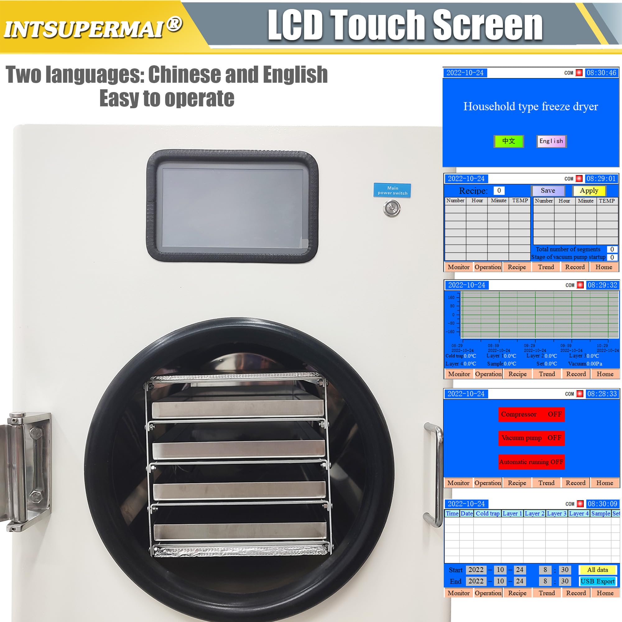 INTSUPERMAI 11lb Batch Scientific Freeze Dryer for Home & Lab Use - Vacuum Freeze Dryer with Pump, 4 Trays, -25°C to +60°C Drying Temp - Ideal for Food Preservation, Pharmaceuticals & DIY Projects