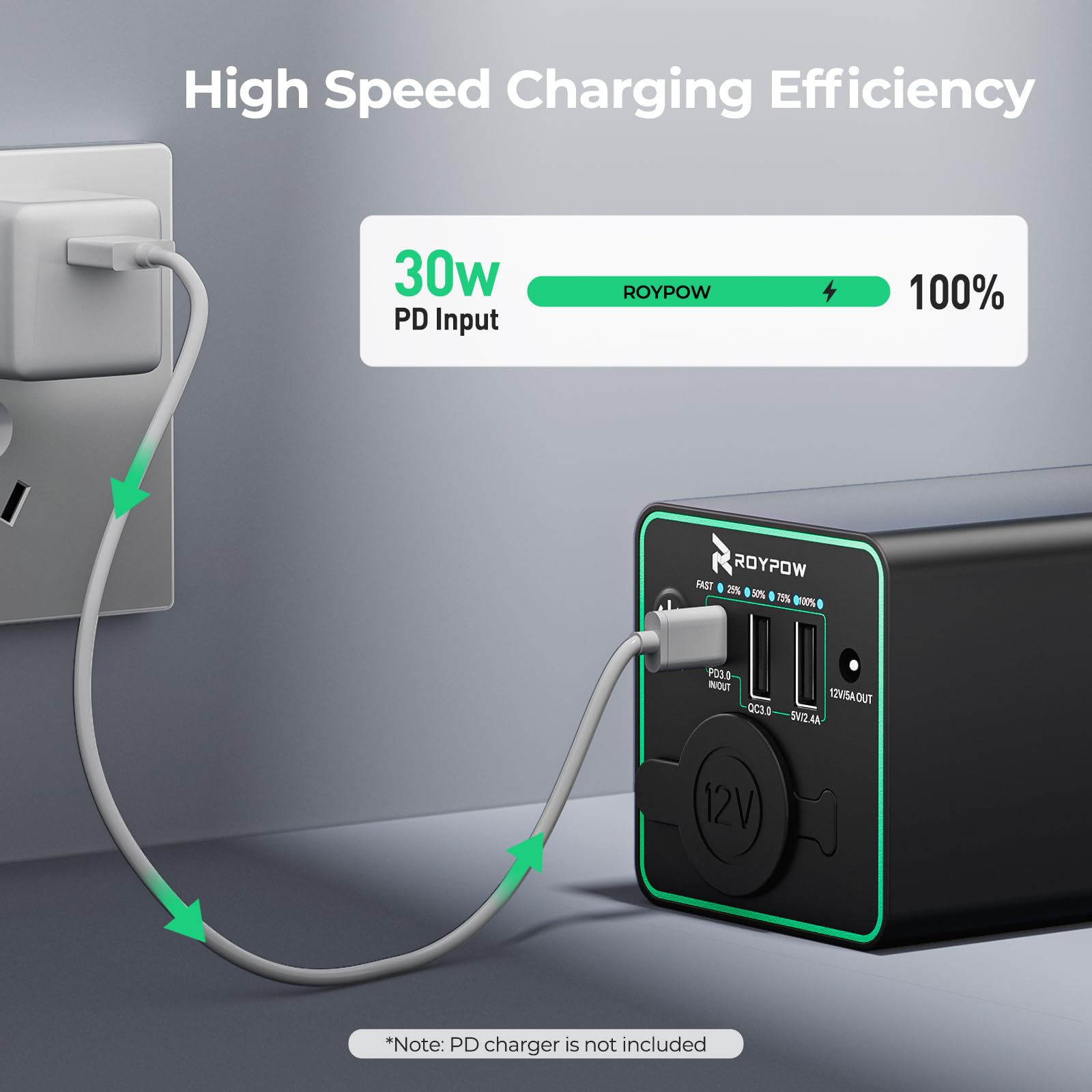 RoyPow 30W PD Portable Charger with 12V 10A Cigarette Lighter Socket - 86.58Wh USB C Power Bank for Laptop & Devices - 18W QC & 12V DC Battery Pack - Ideal for Dash Cam, Astrophotography, Camping, Road Trips & Outdoor Adventures